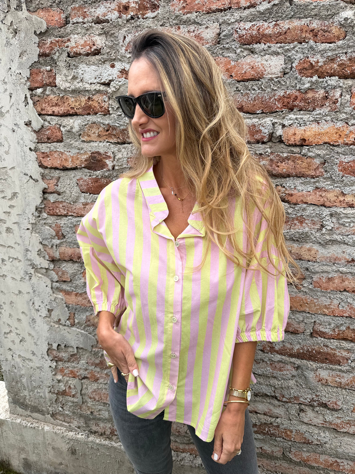 Blusa mega rayas manga globo amarilla
