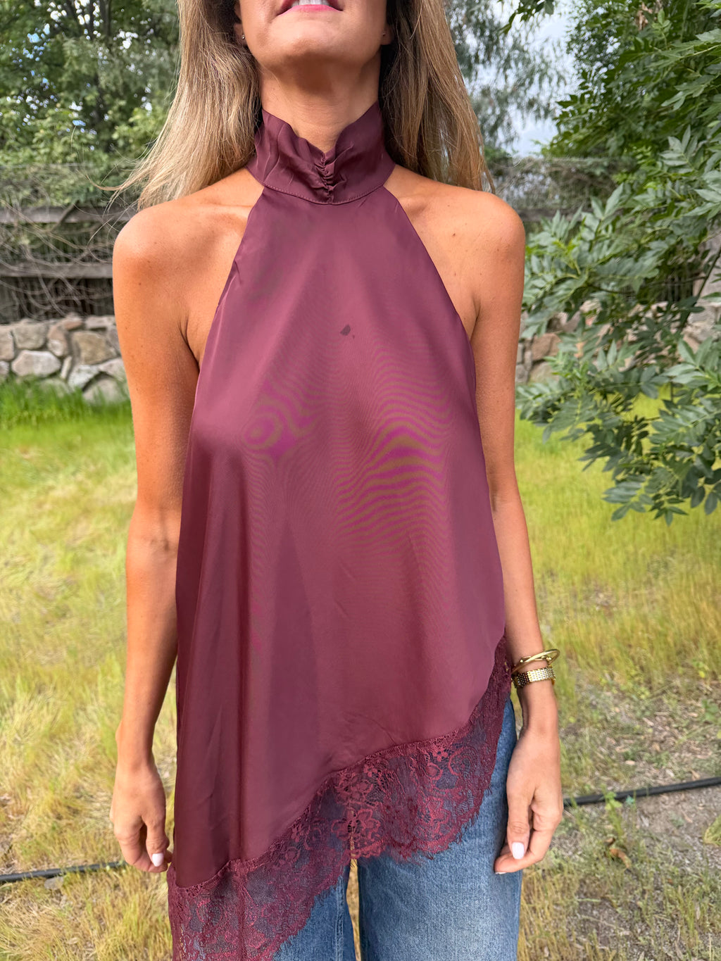Blusa raso encaje burdeo
