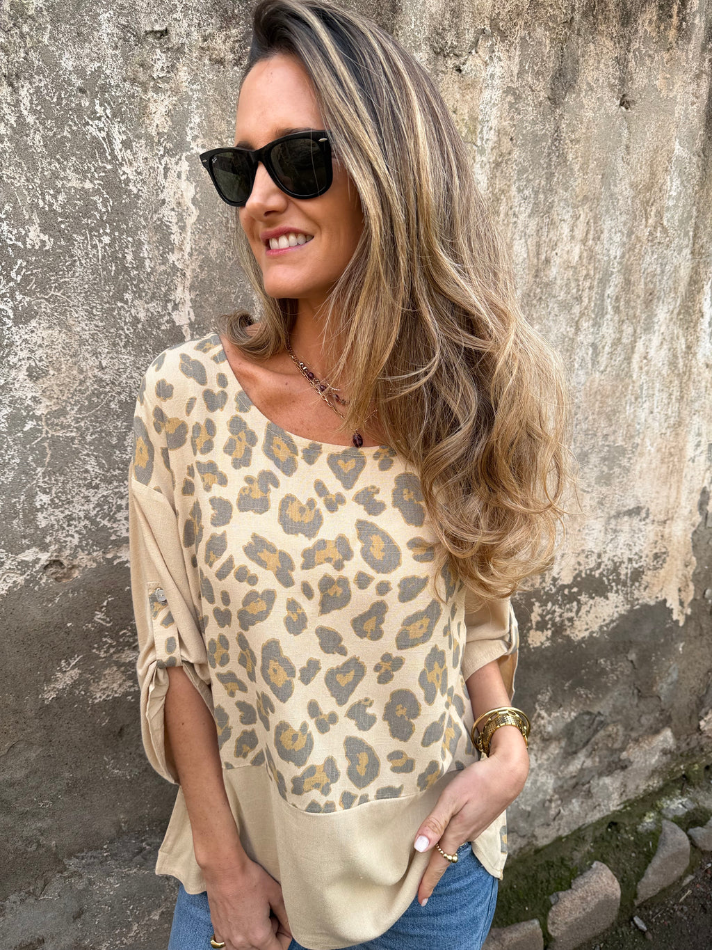 Blusón print franja camel