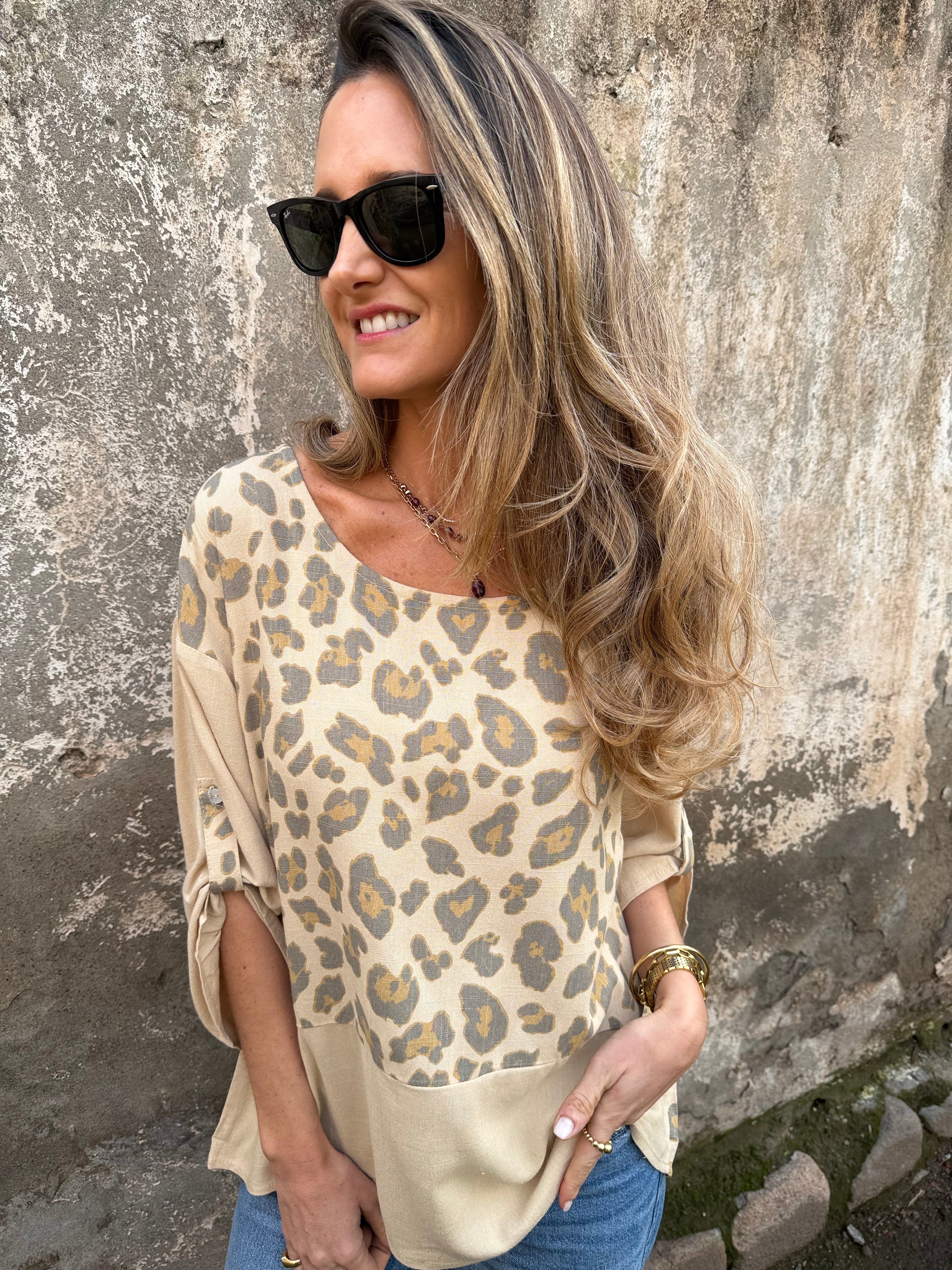 Blusón print franja camel
