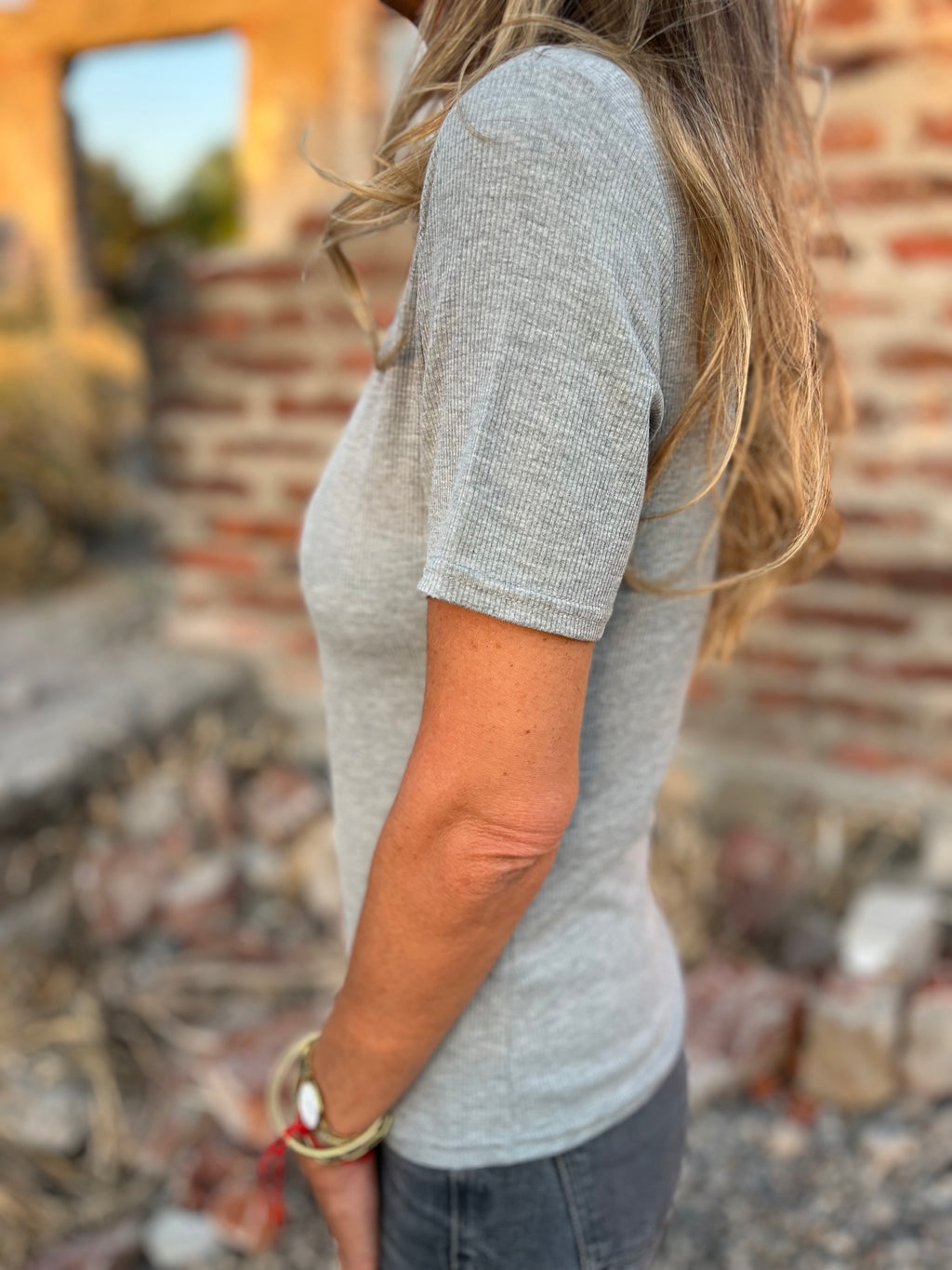 Polera básica cuello redondo acanalada gris