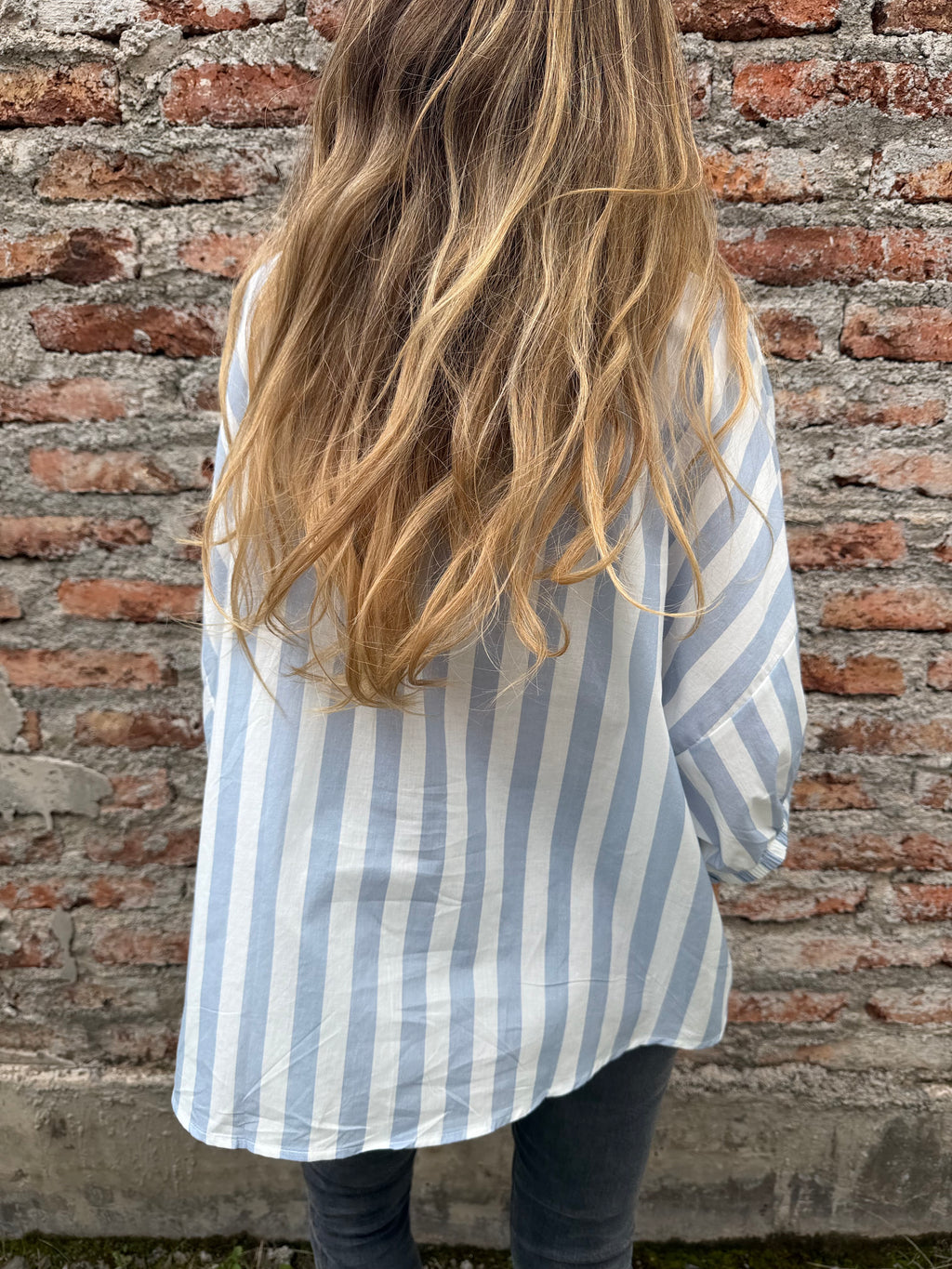 Blusa mega rayas manga globo celeste