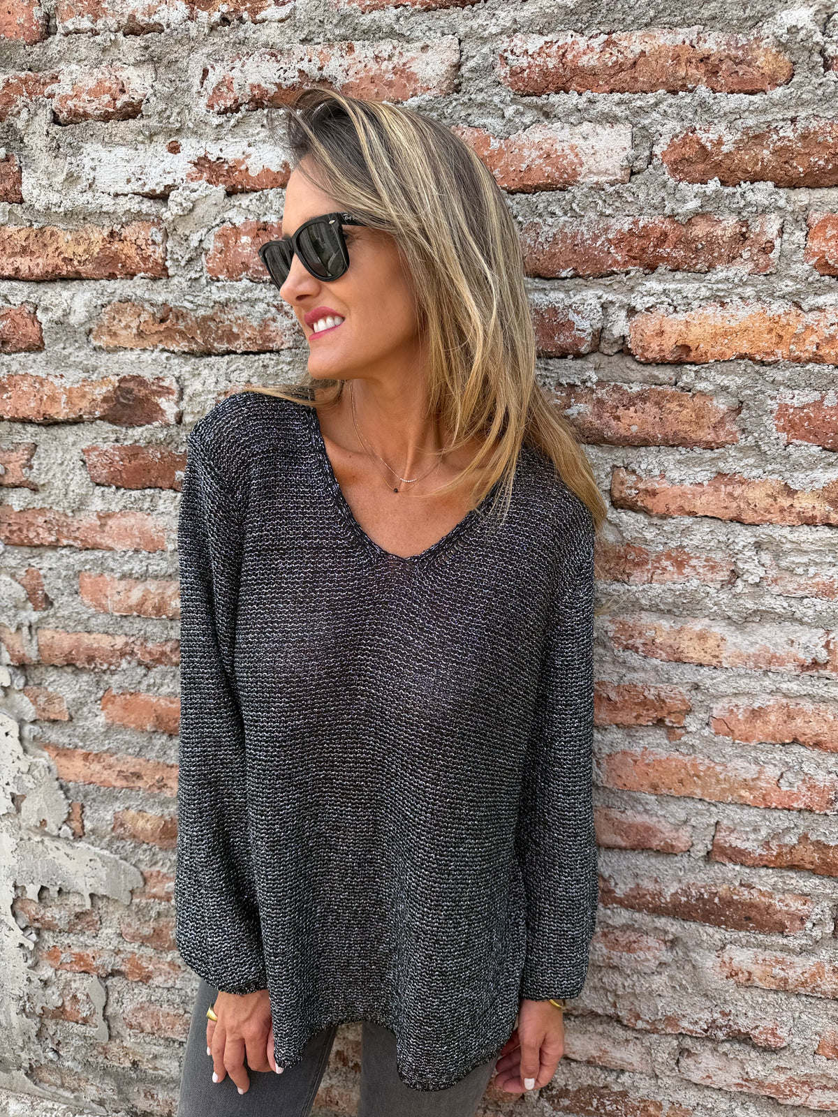 Chaleco lurex manga aglobada negro