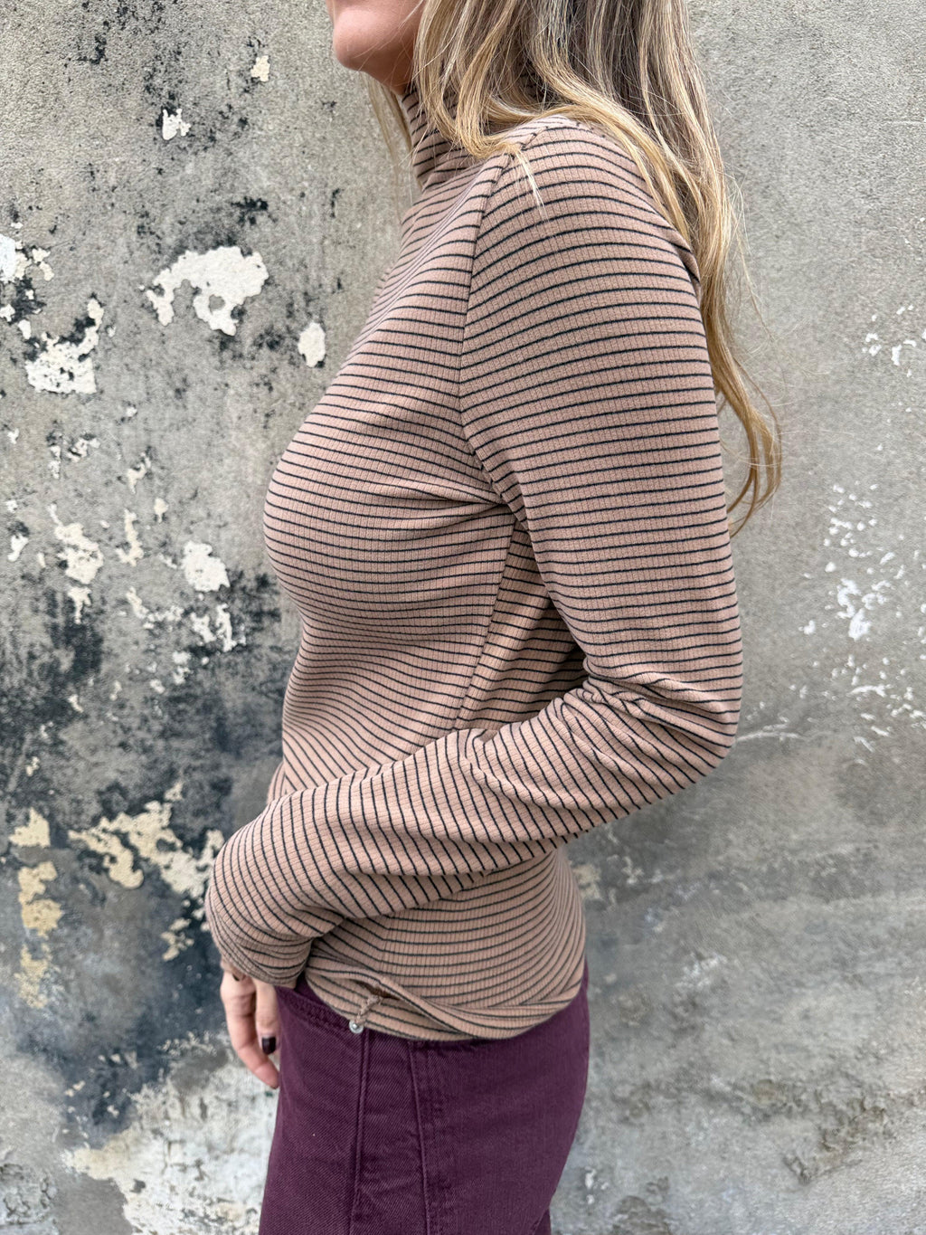 Polera algodón/ micropolar rayada  camel