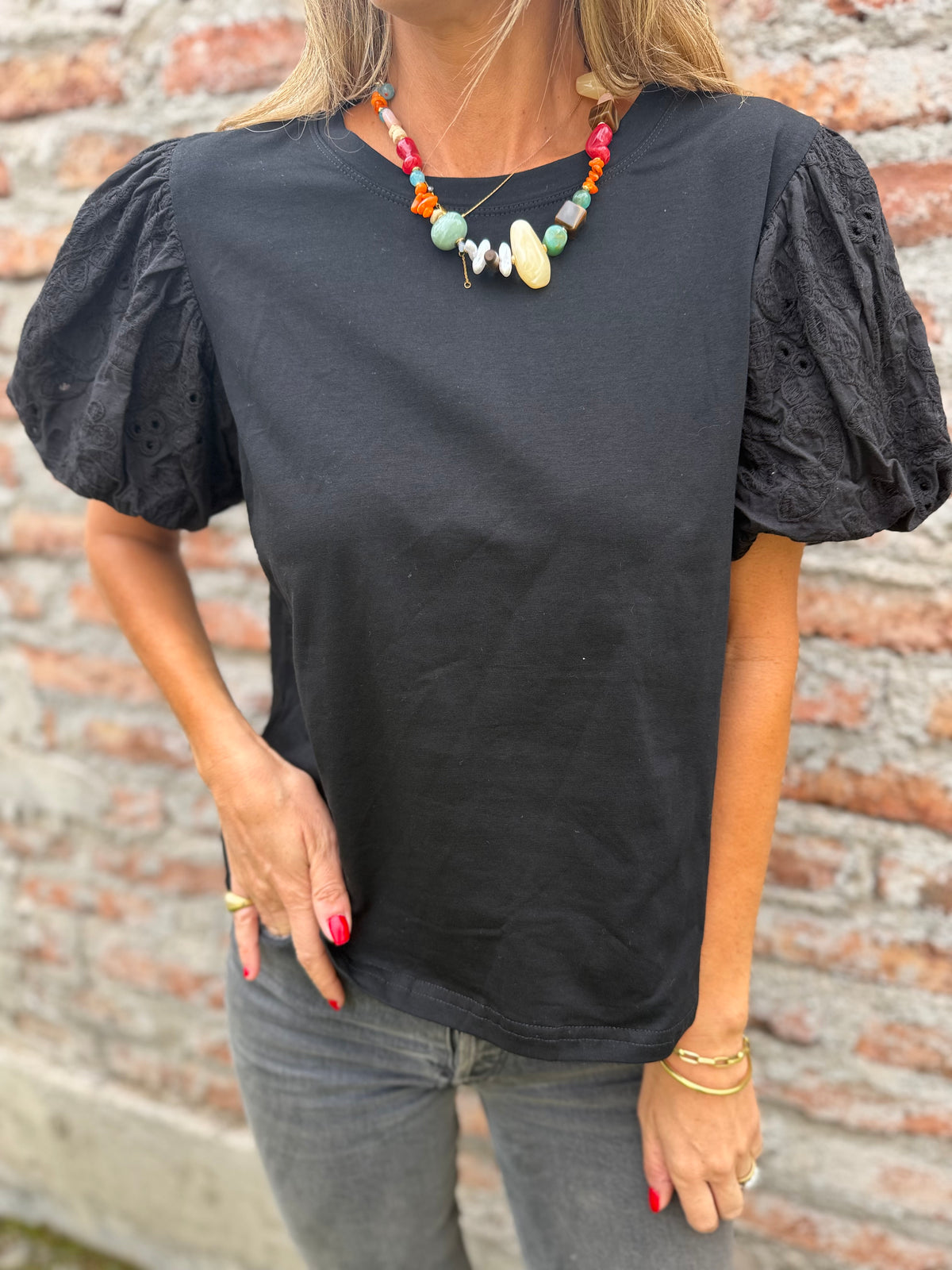 New polera algodón mangas broderie negra