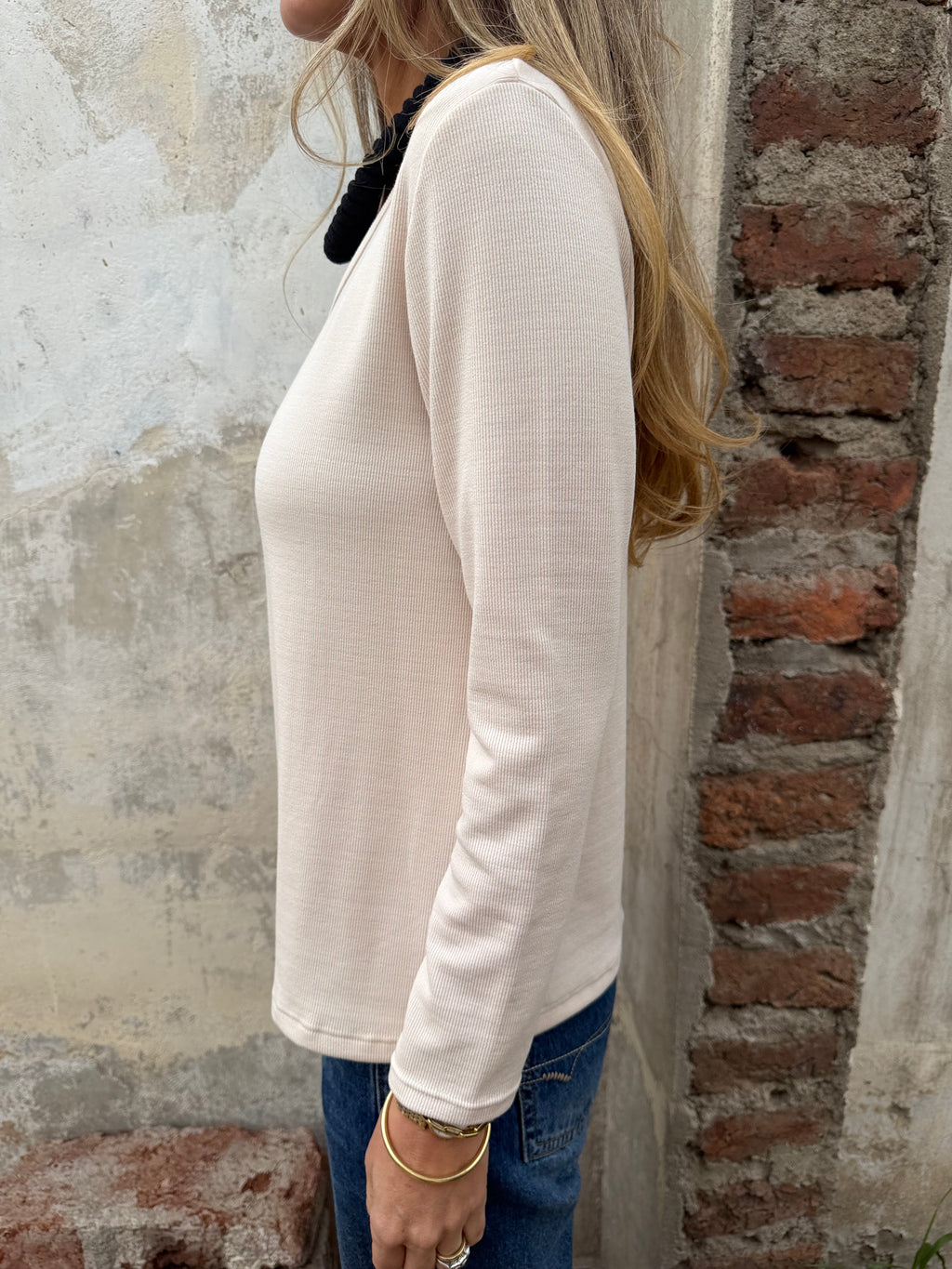 New polera algodón/ micropolar cuello bajo crudo