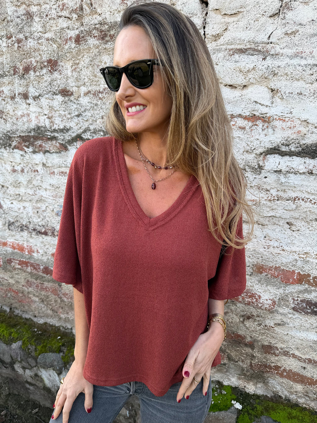 Polera tejida mangas amplias terracota