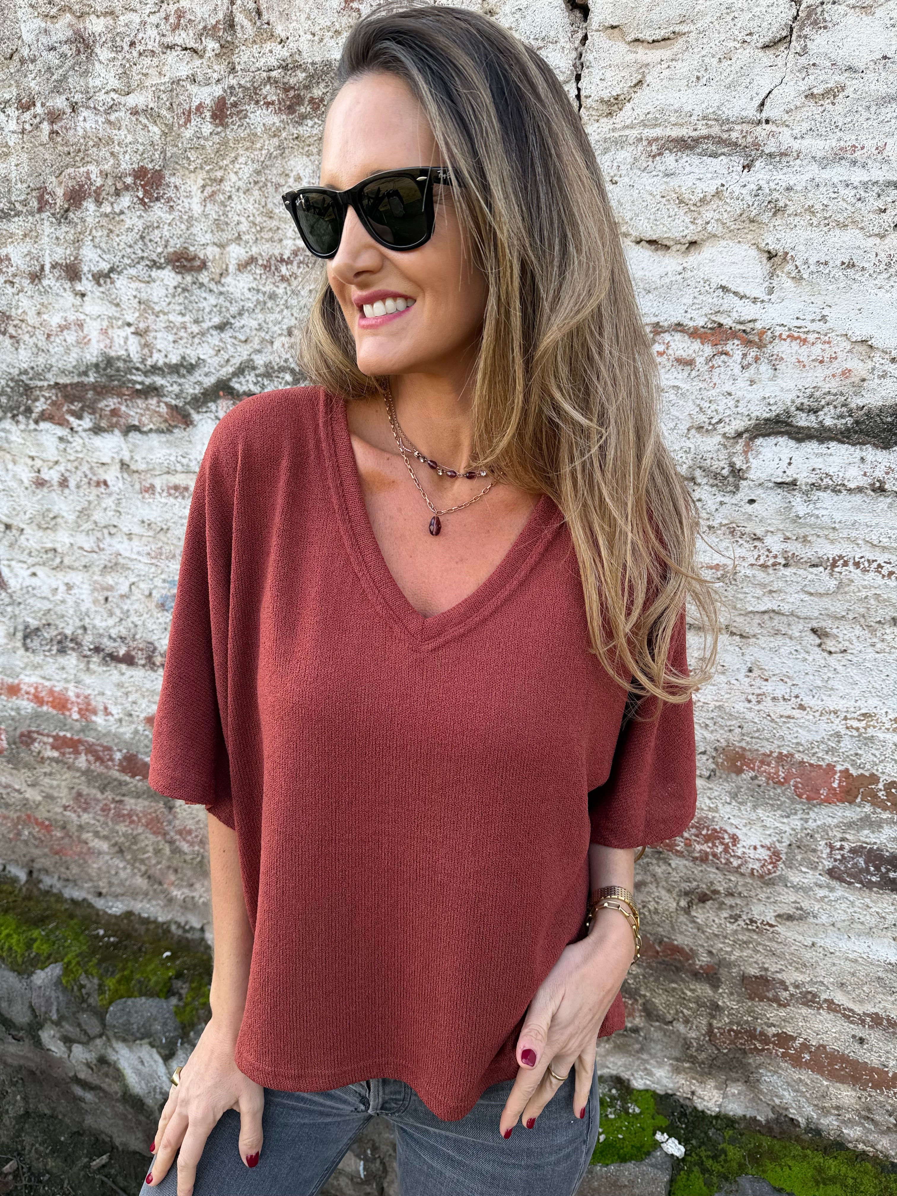 Polera tejida mangas amplias terracota