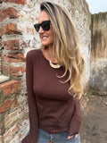 Nueva polera look algodón forrada micropolar café