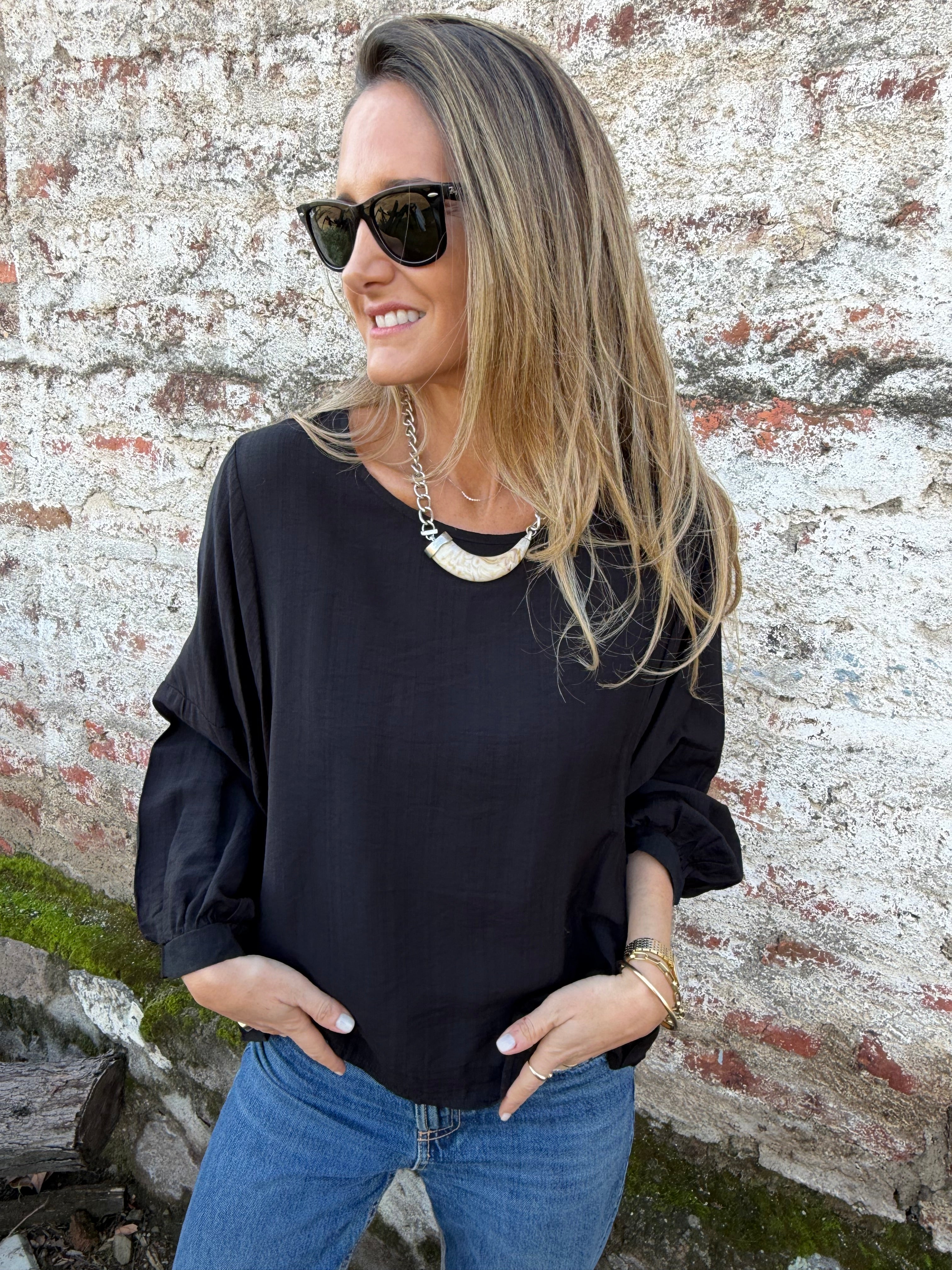 Blusa rayón manguitas globo negra