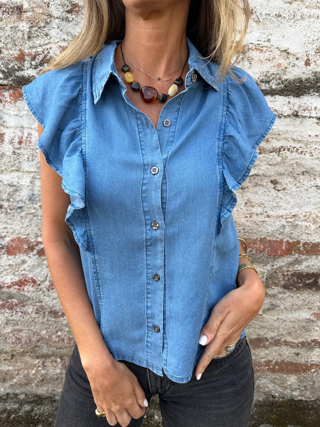 Blusa volados laterales tencel azul