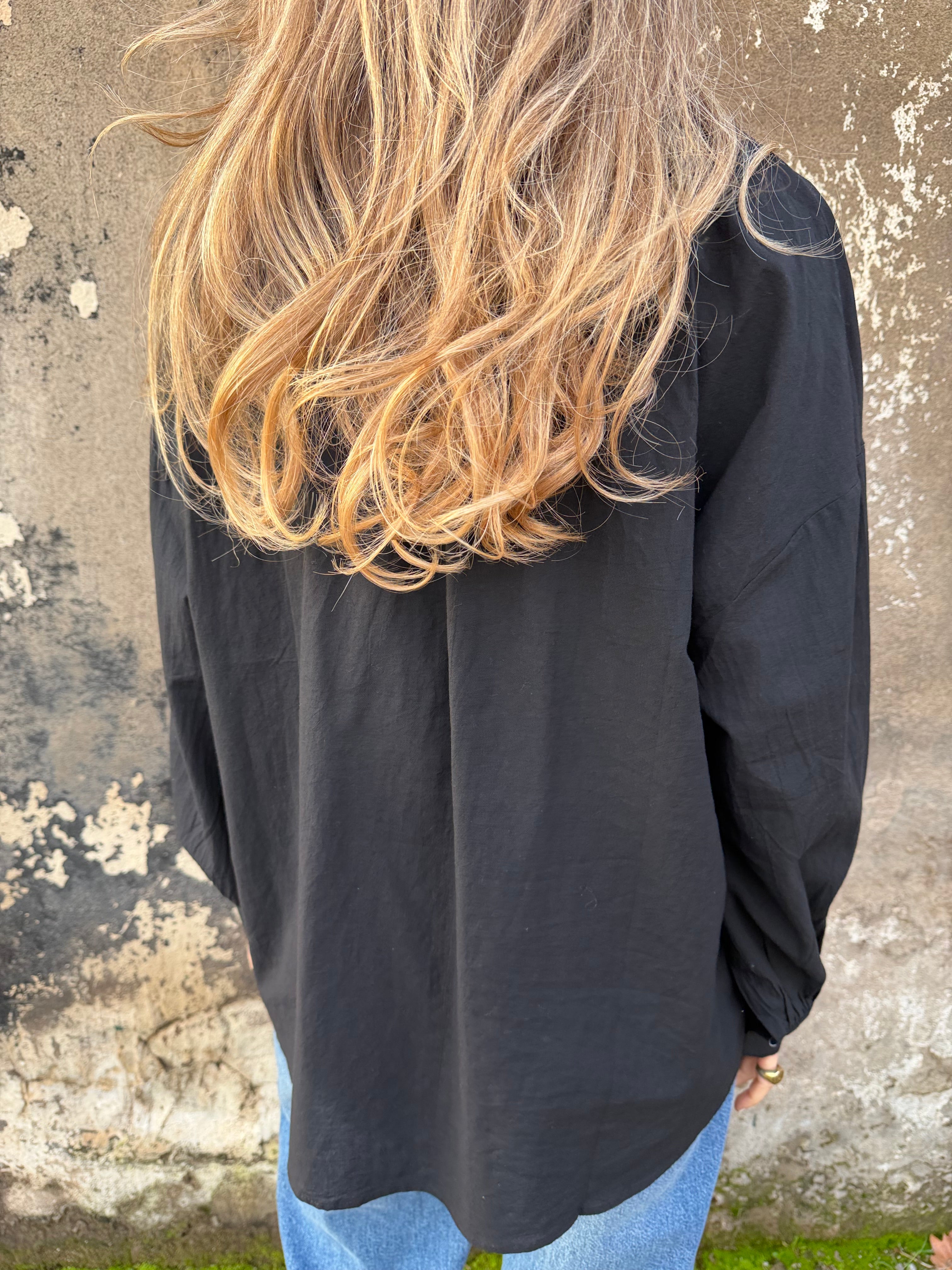 Blusa botones concha perla negra