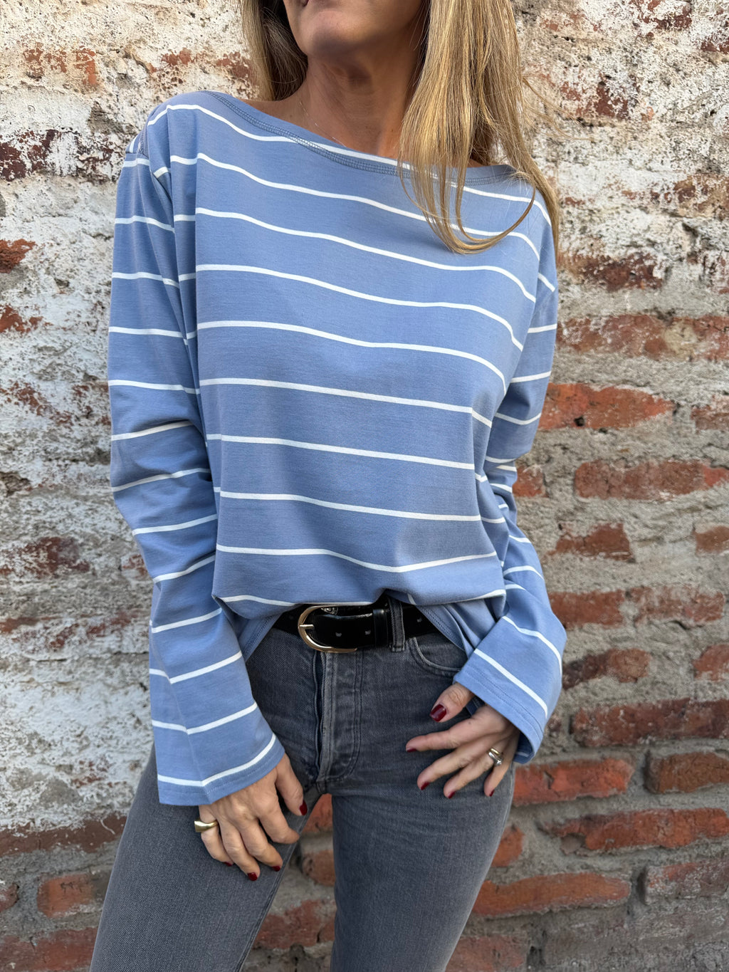 Polera algodón rayas celeste