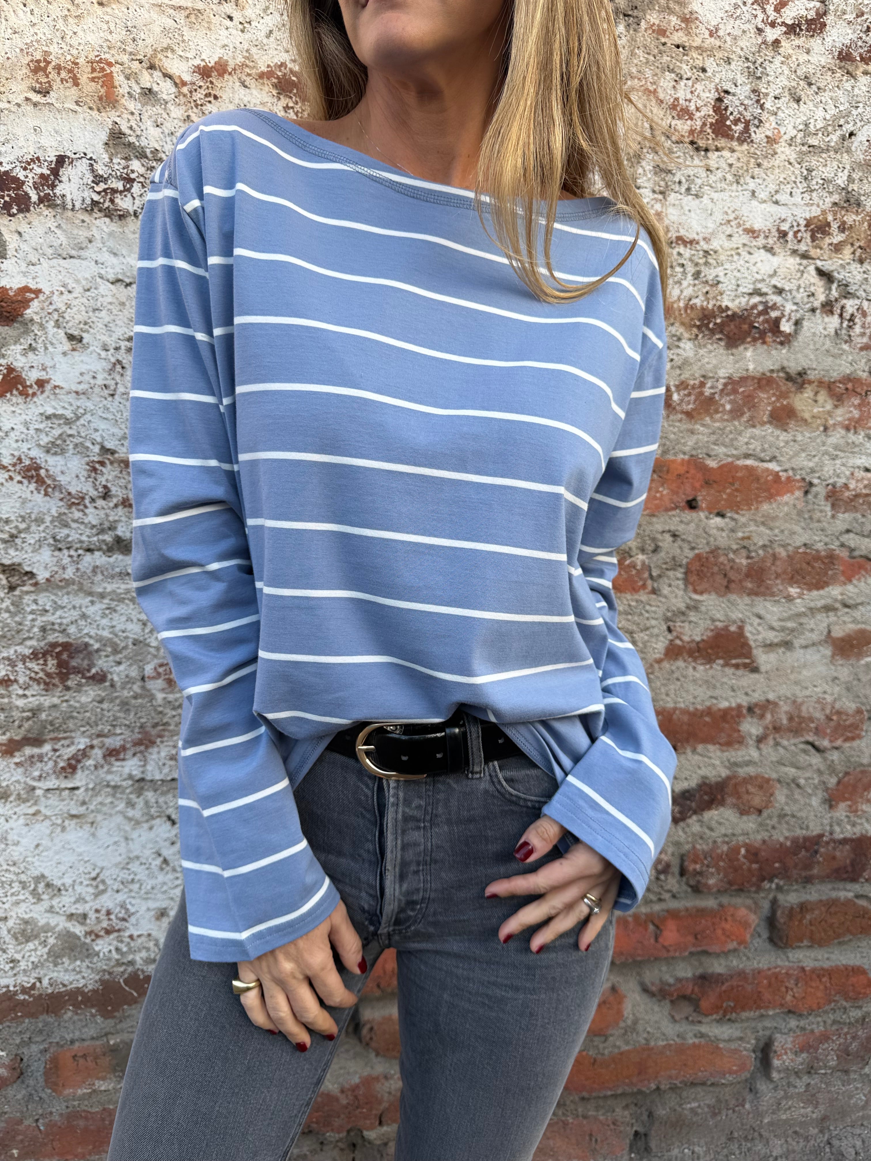 Polera algodón rayas celeste