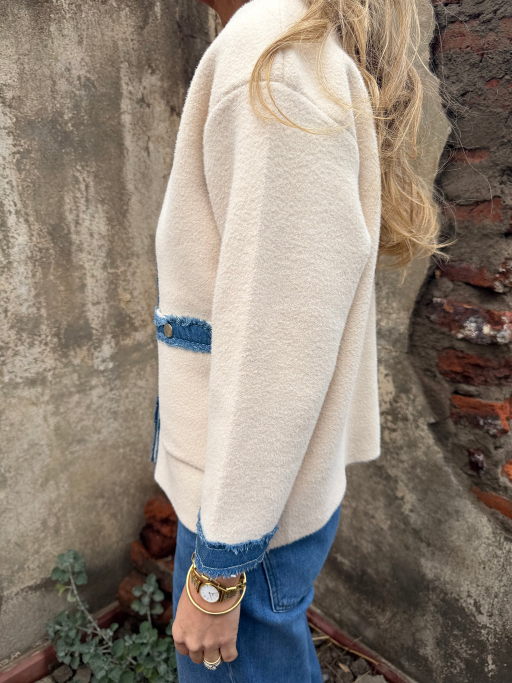 Chaqueta paño detalles bluejean blanca
