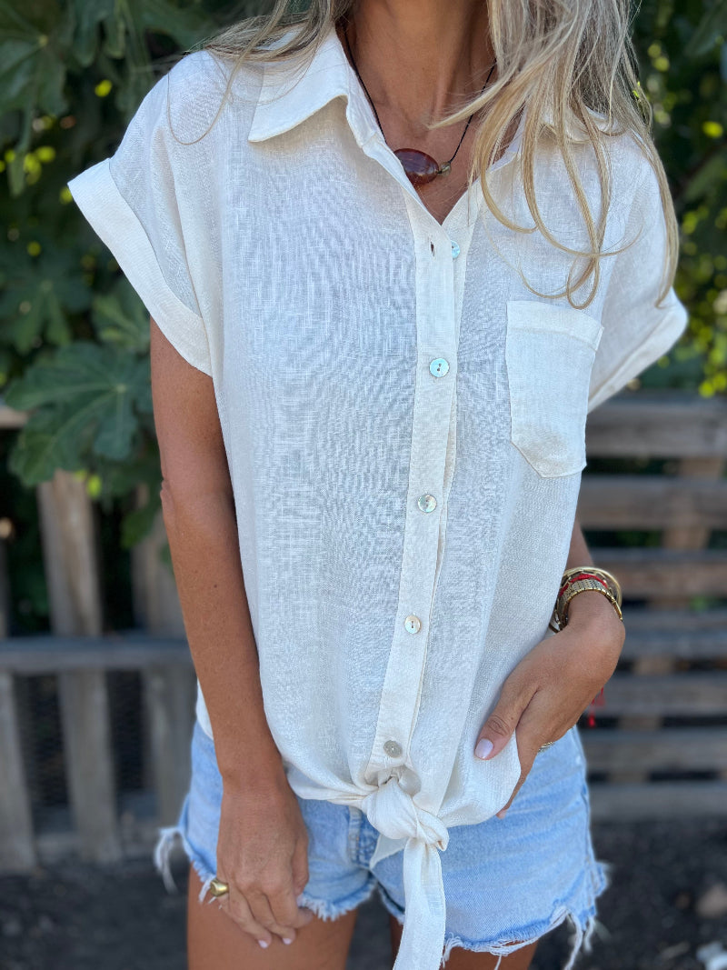 Blusa 100% lino botones y nudo crudo