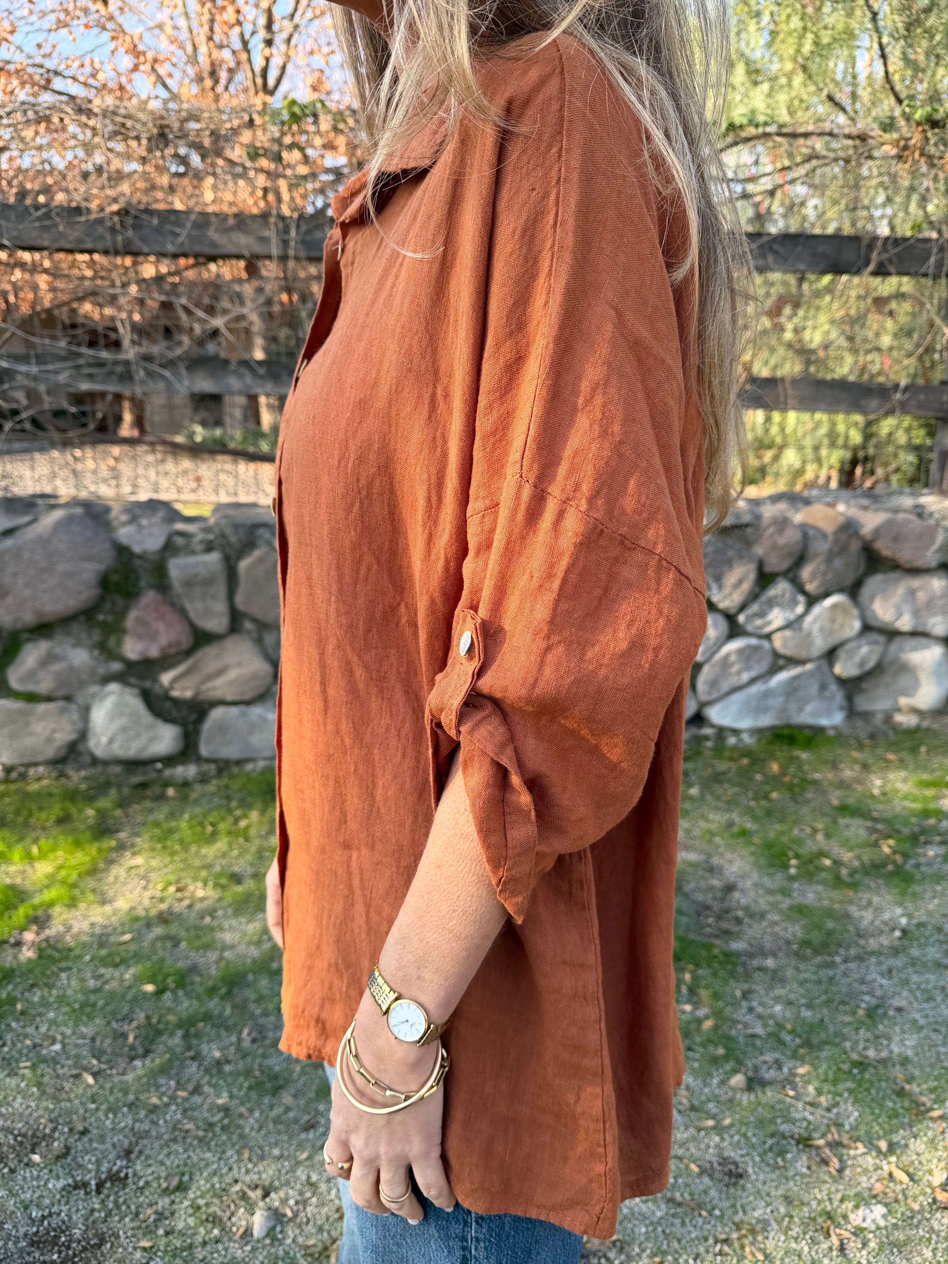 Blusón 100% lino camisera terracota