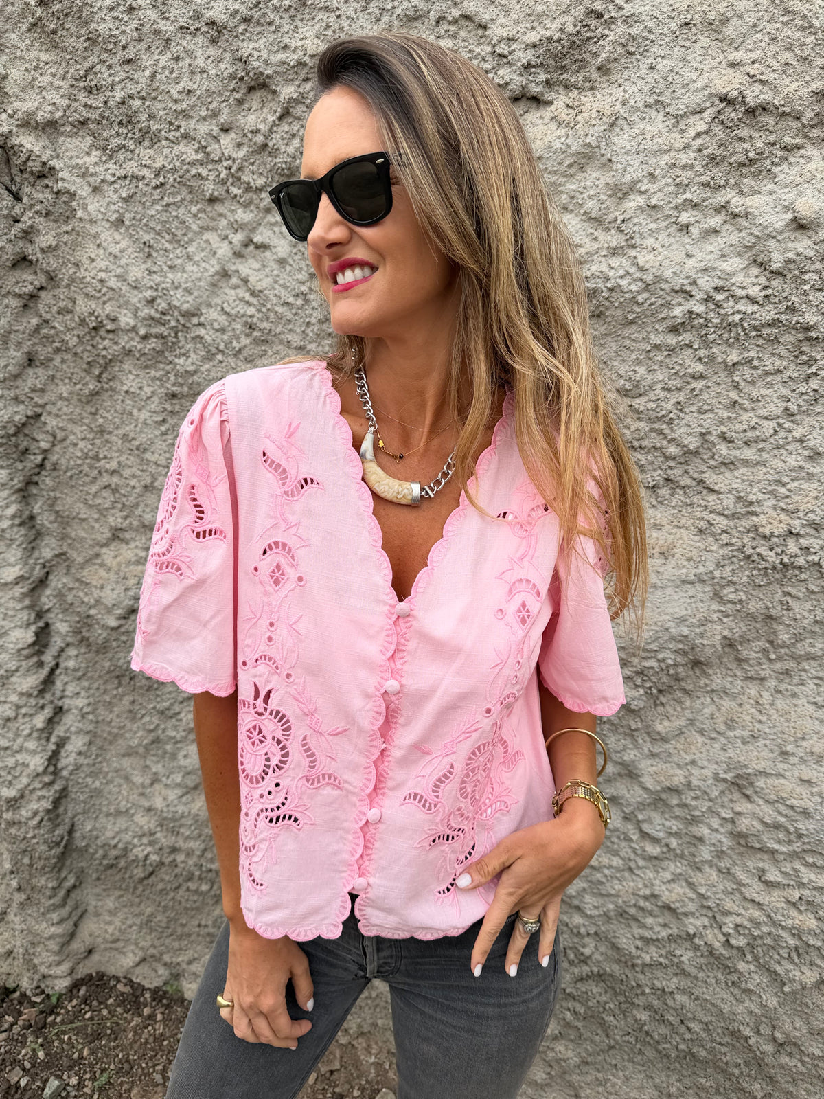Blusa broderie completa rosada