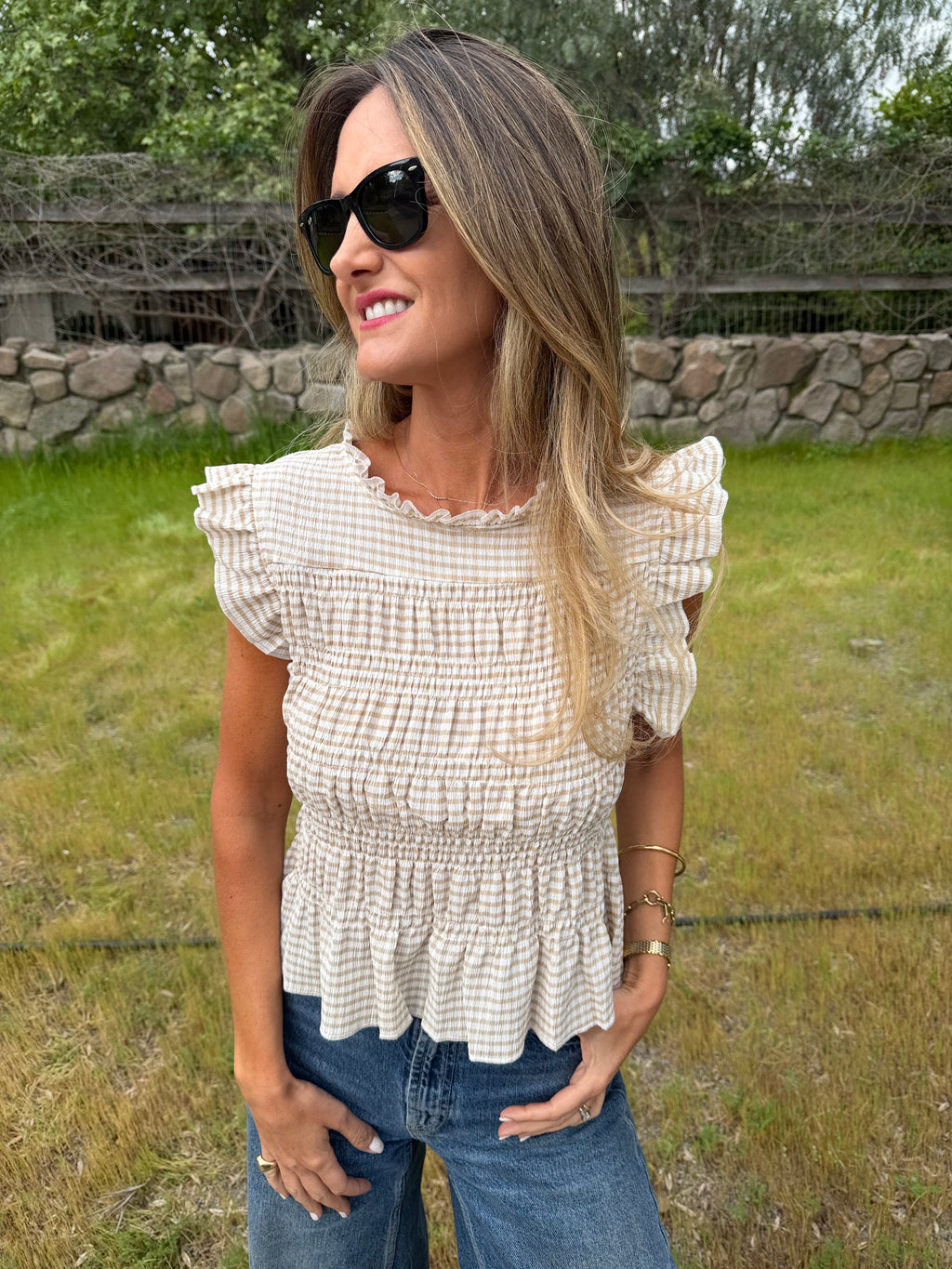 Polera vichy nido abejas beige