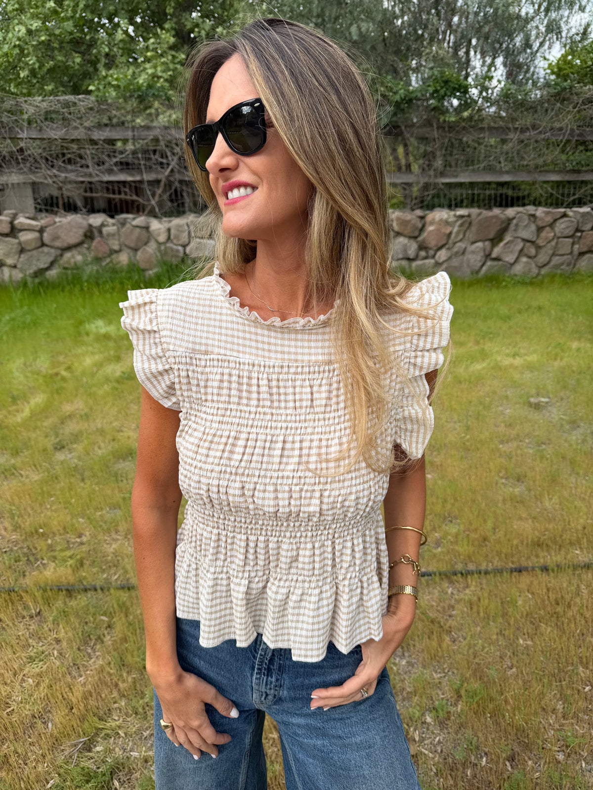 Polera vichy nido abejas beige