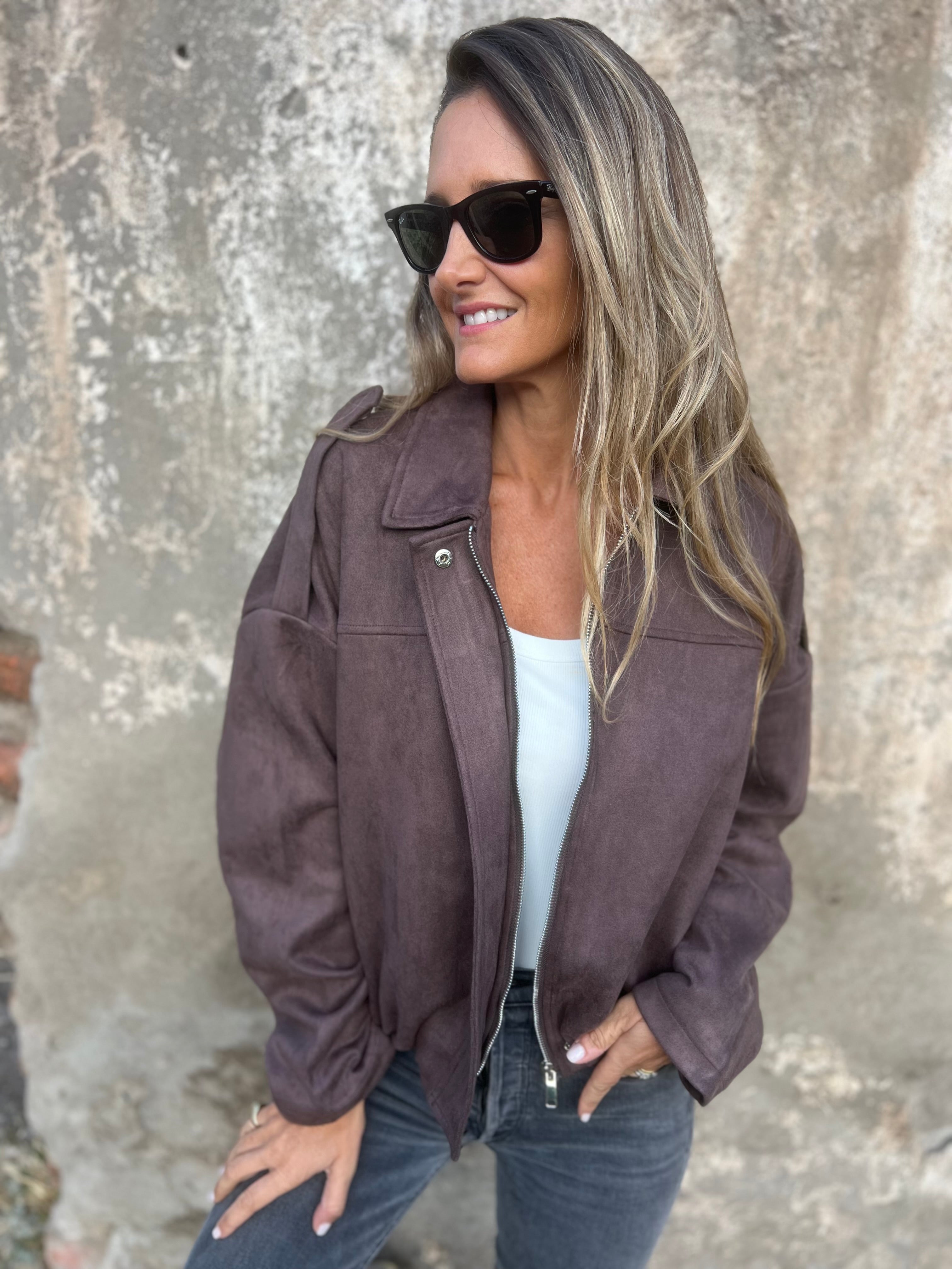 Chaqueta efecto gamuza café