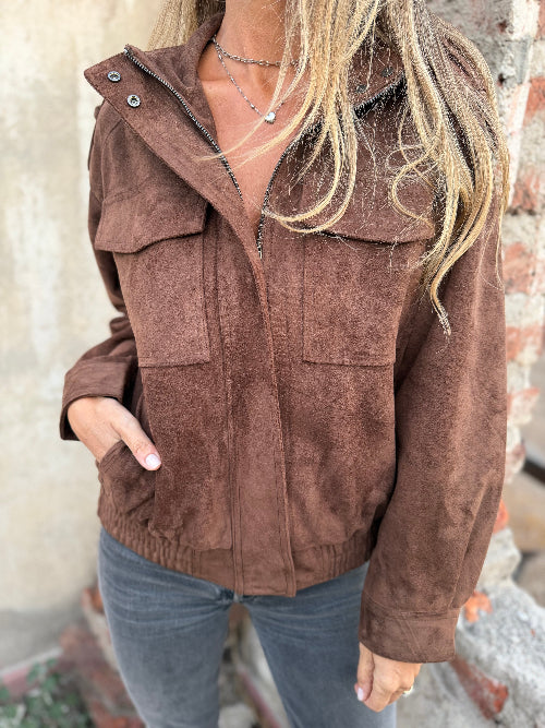 Chaqueta efecto cuero gamuza caramelo