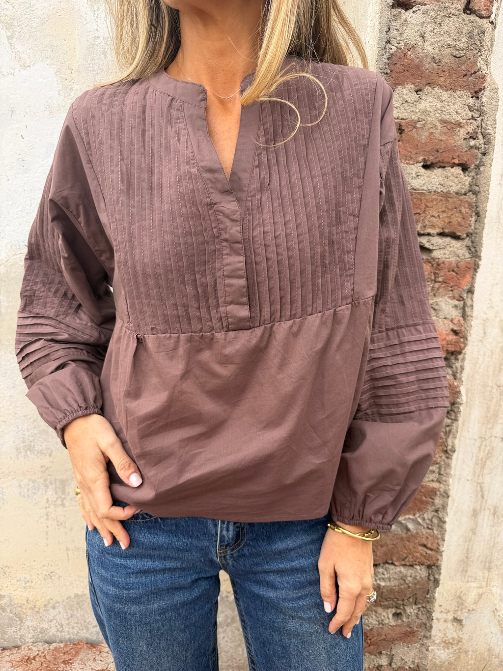 Blusa manga globo detalles chocolate