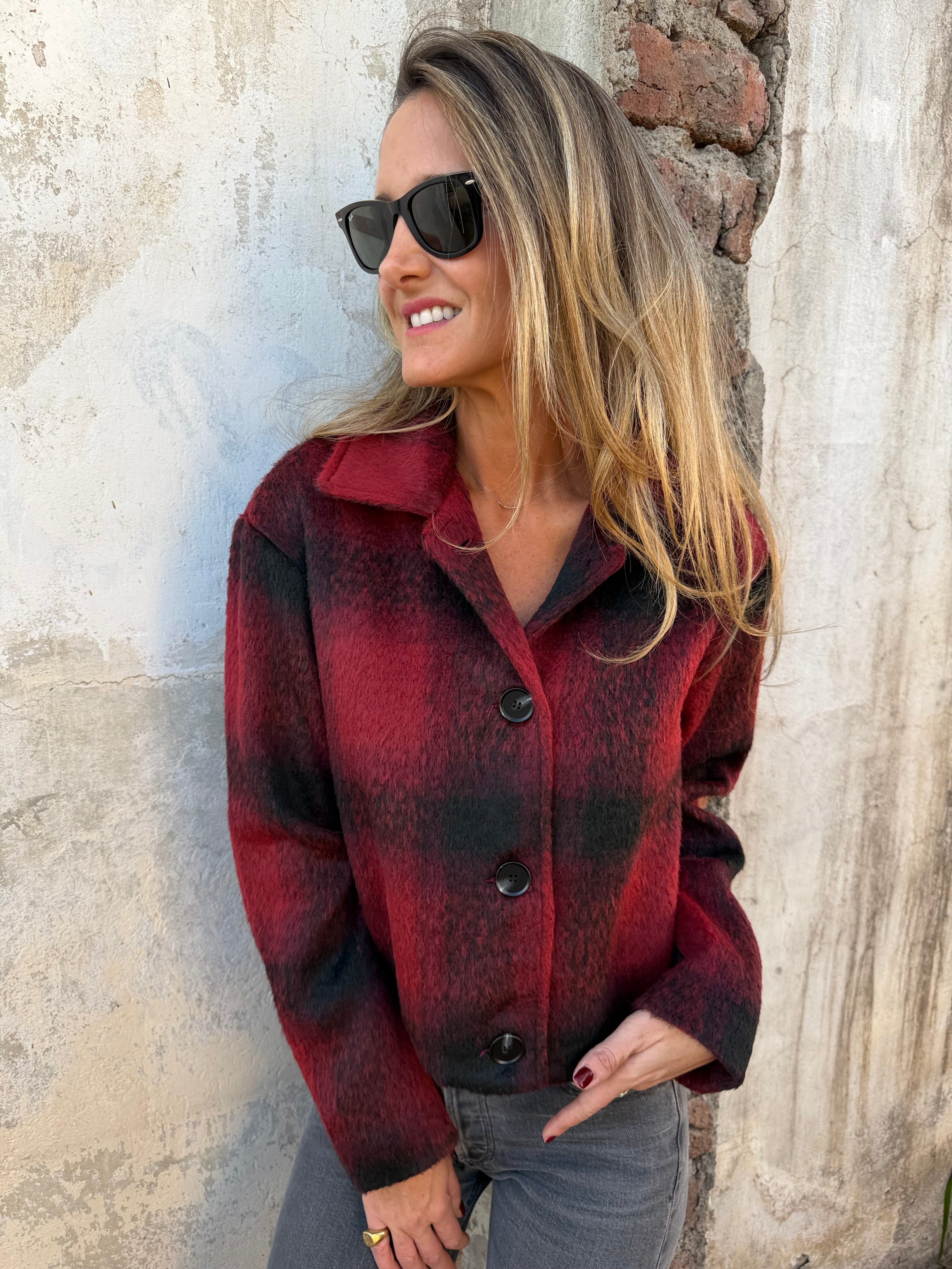 Chaqueta paño peludo escocés roja