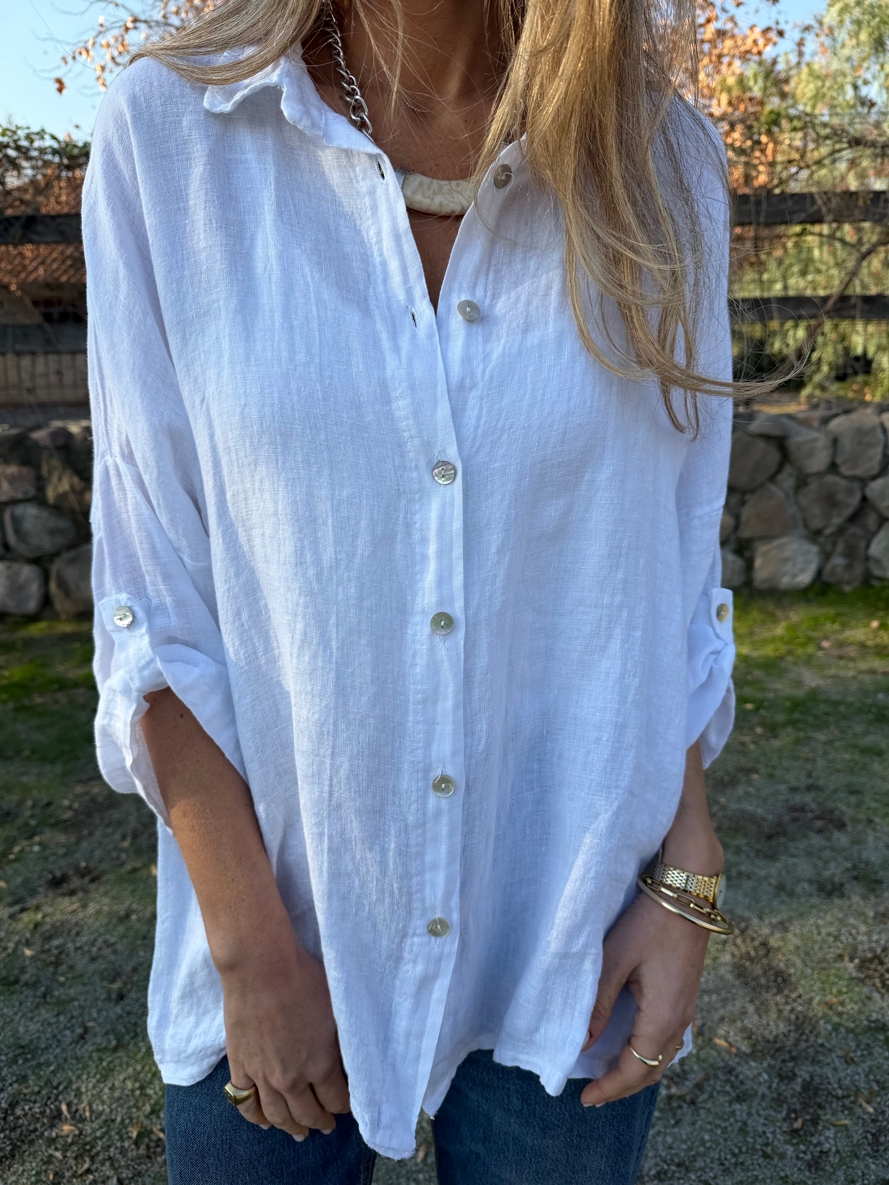 Blusón 100% lino camisera blanca