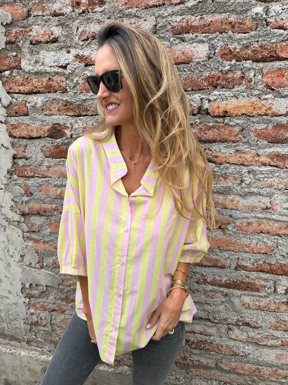 Blusa mega rayas manga globo amarilla
