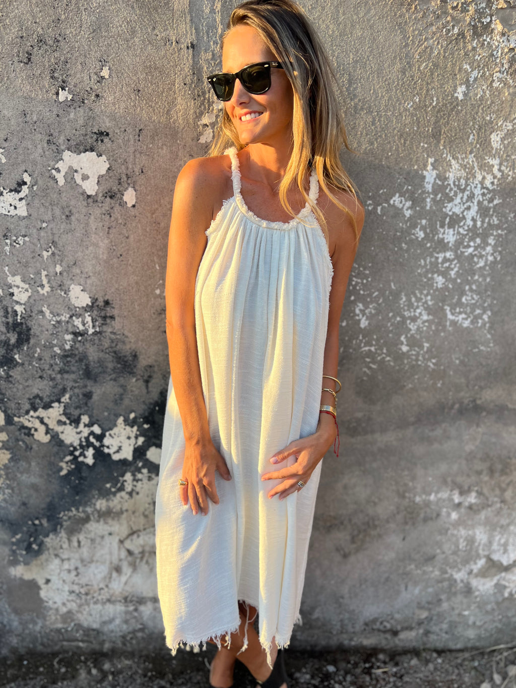 Vestido linoto desflecado crudo