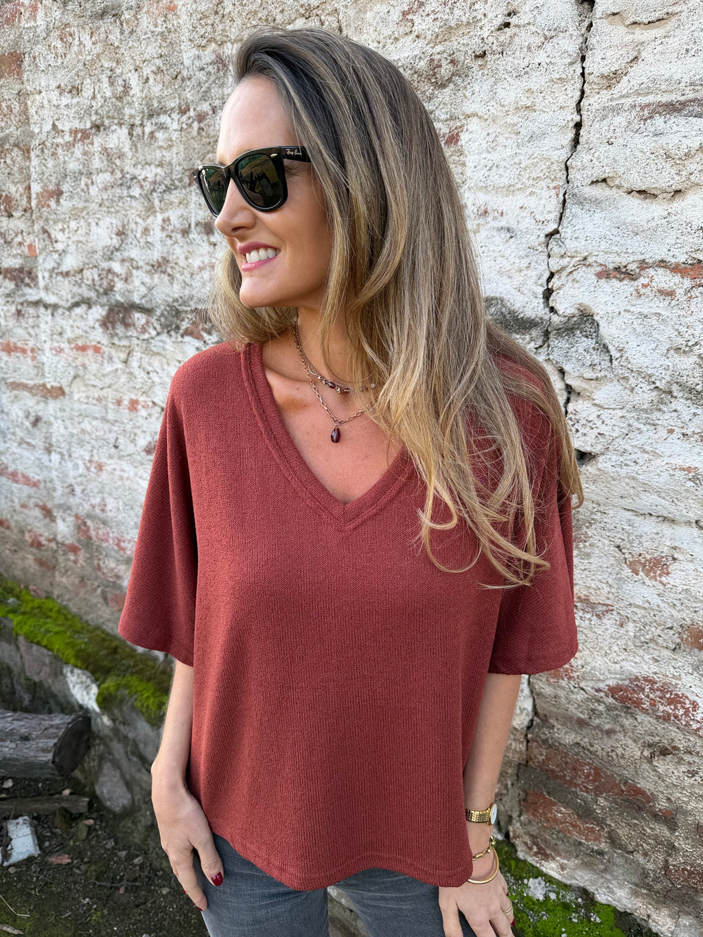 Polera tejida mangas amplias terracota