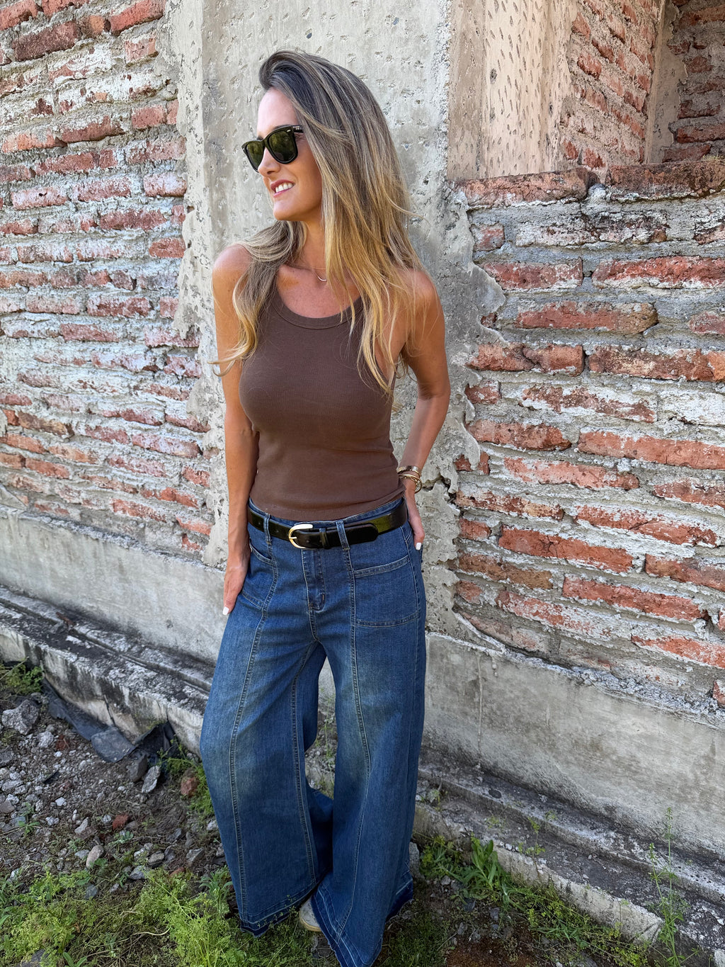 Bluejean ancho bolsillos adelante azul