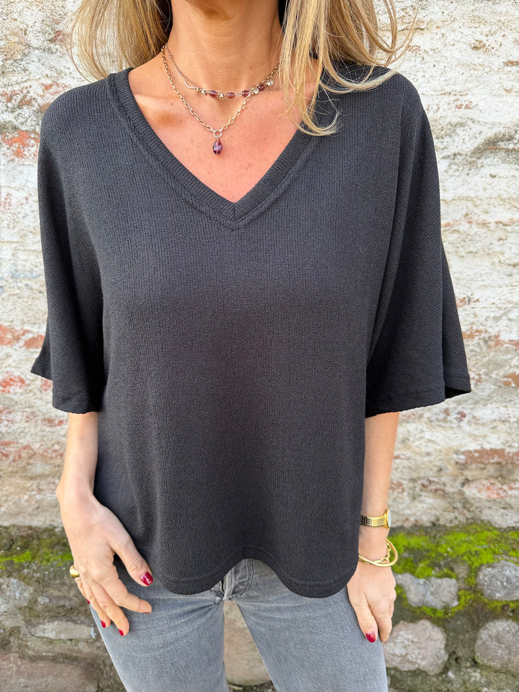 Polera tejida mangas amplias negra