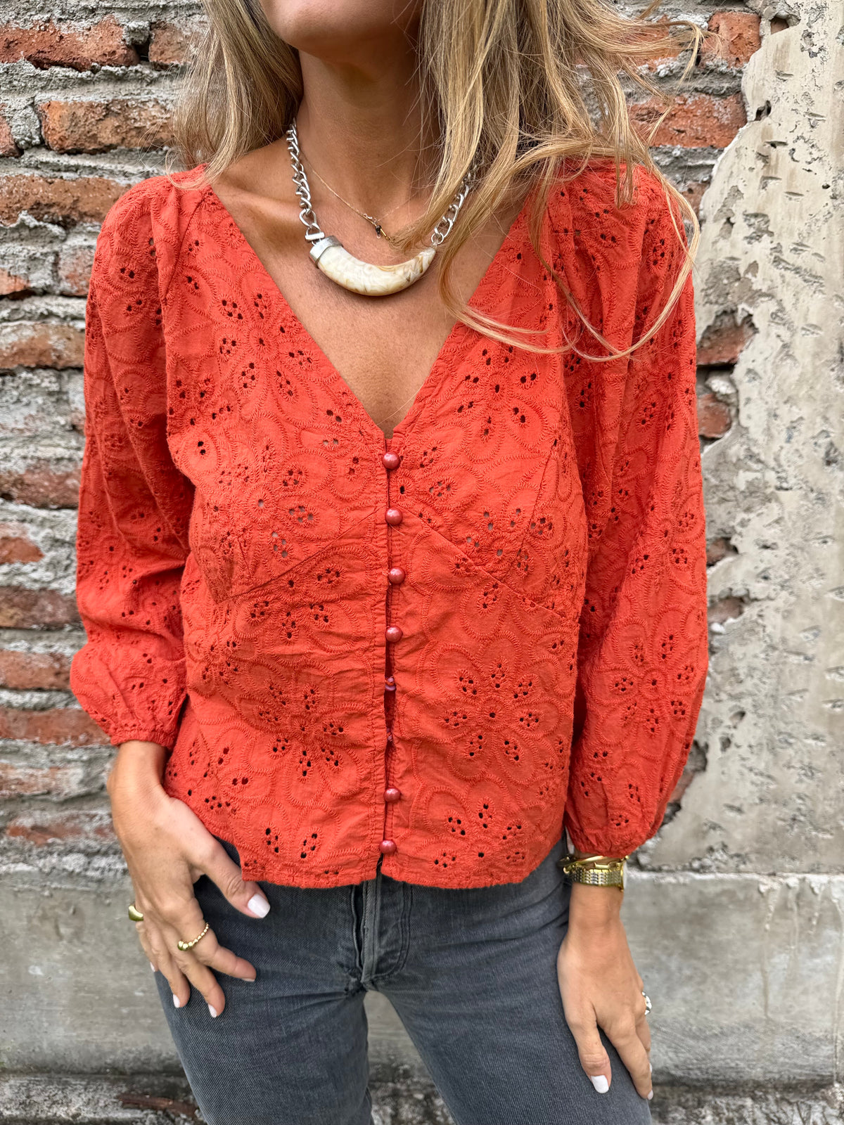 Blusa súper broderie terracota