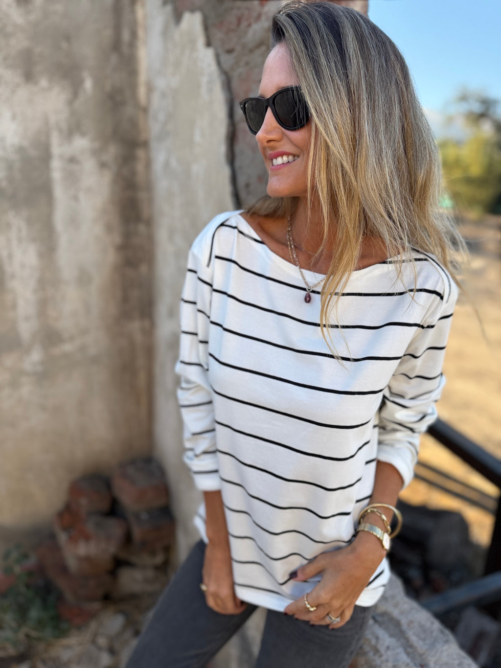 Polera algodón rayas blanca