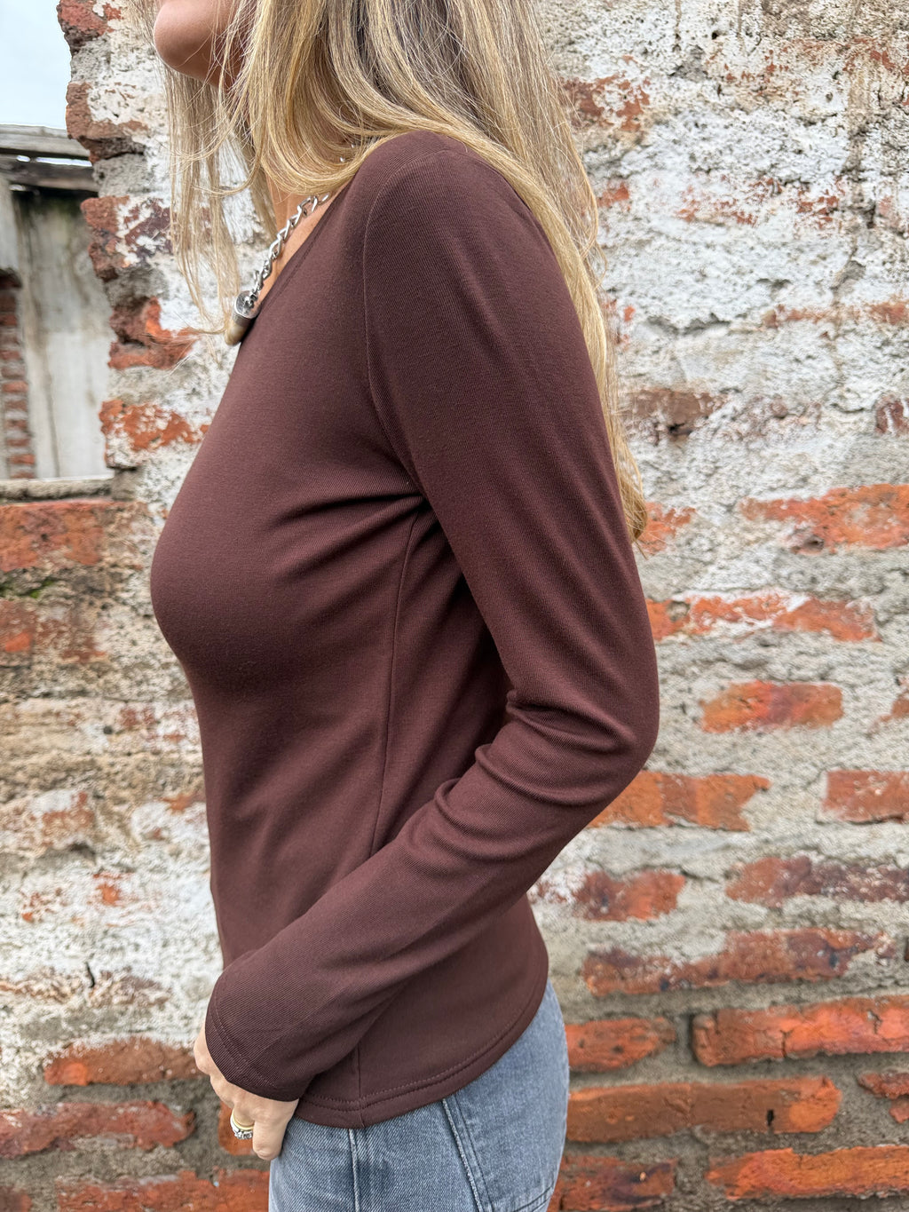 Nueva polera look algodón forrada micropolar café