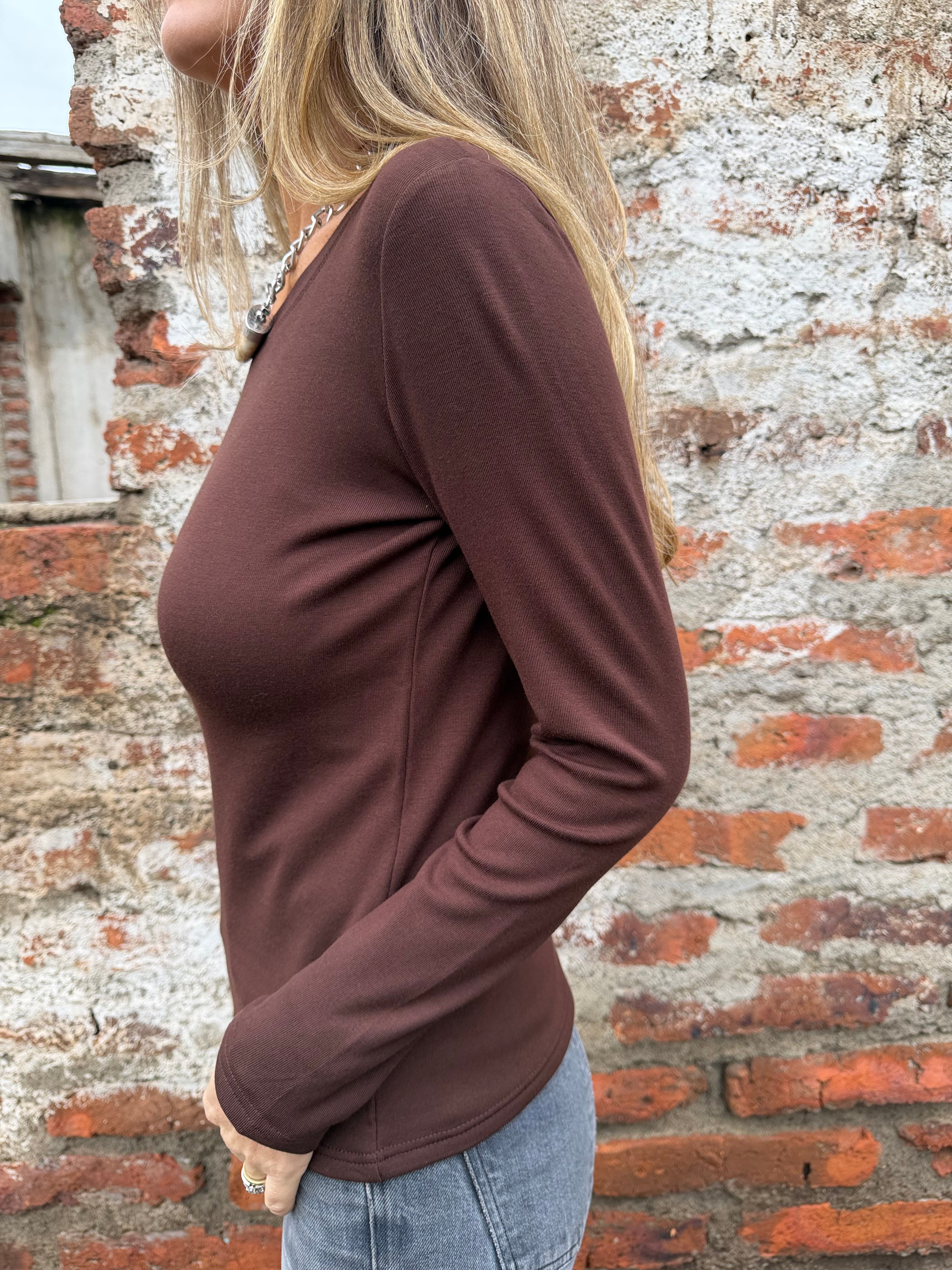 Nueva polera look algodón forrada micropolar café