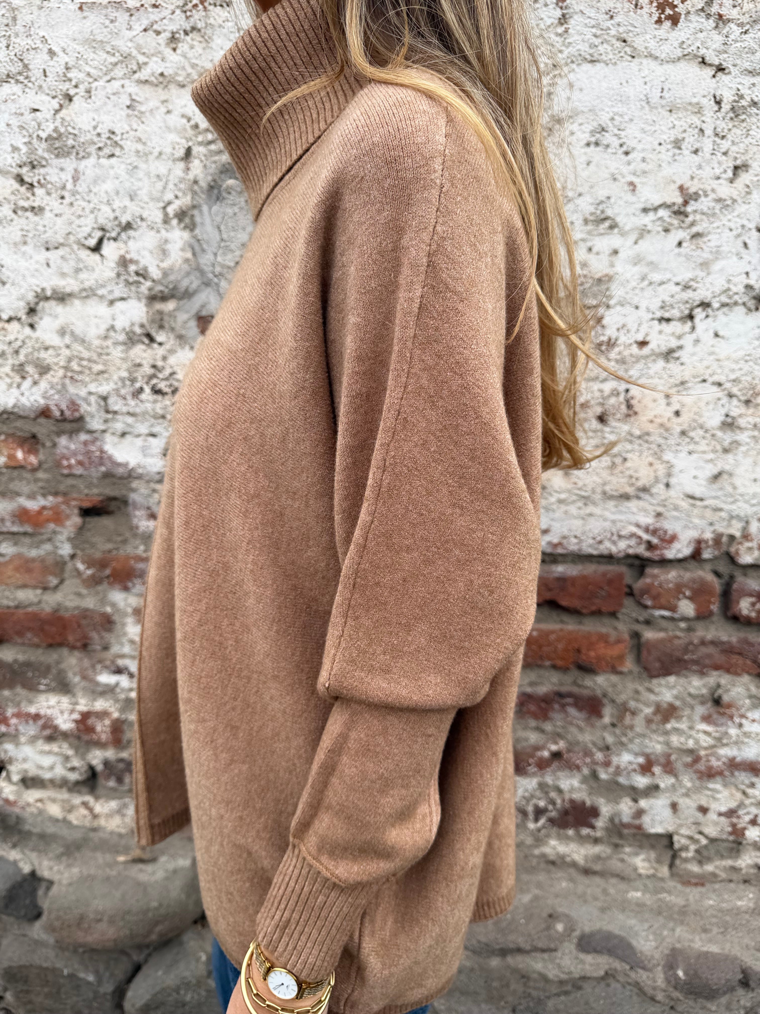 Cuello alto ribetes plateados camel