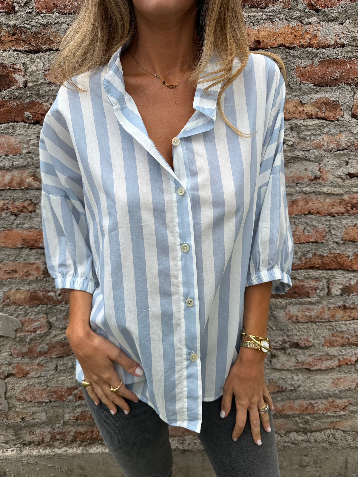 Blusa mega rayas manga globo celeste