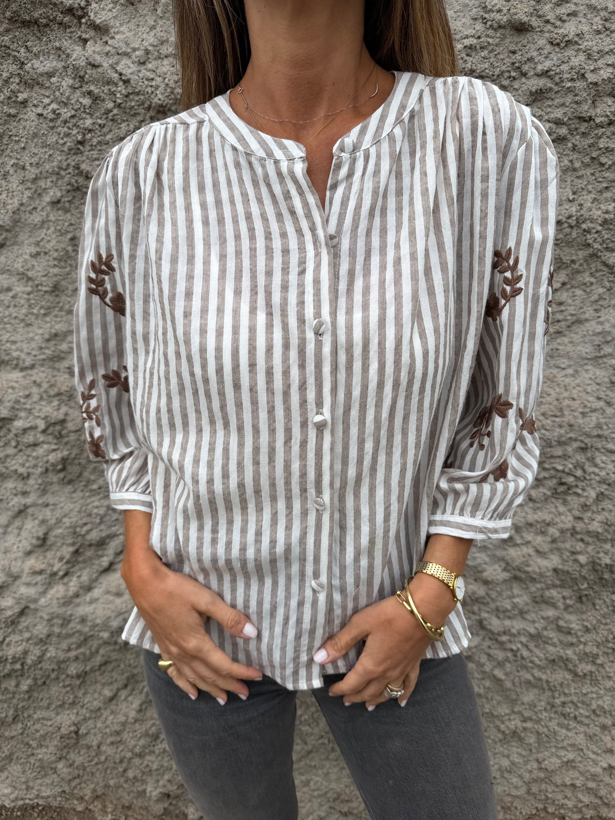 Blusa enredaderas mangas bordadas café