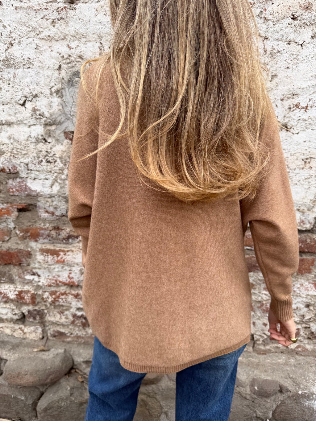 Cuello alto ribetes plateados camel