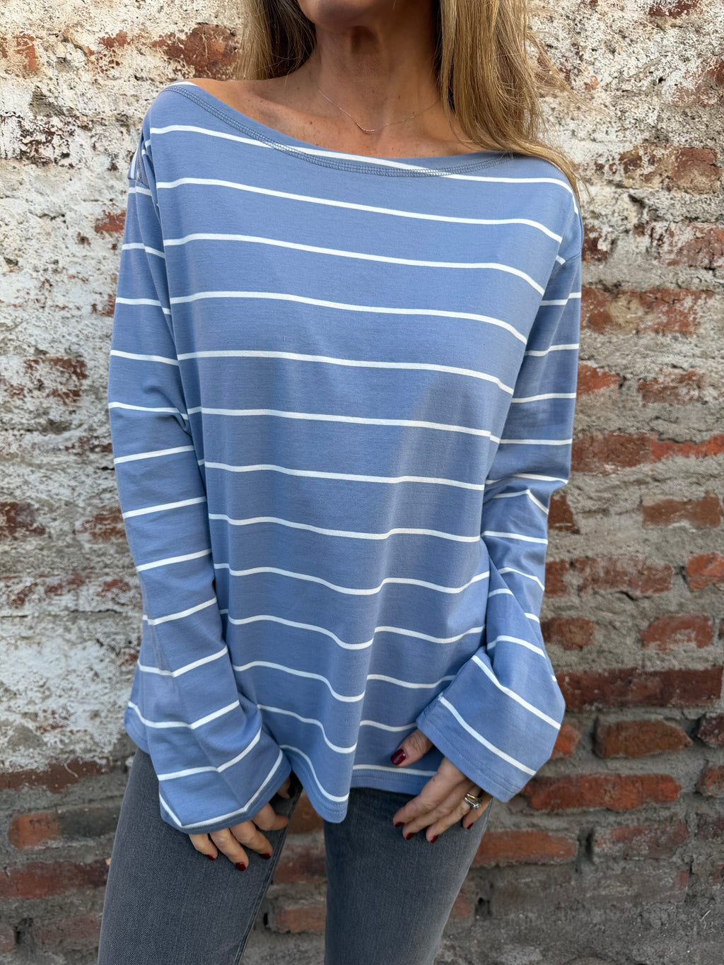 Polera algodón rayas celeste
