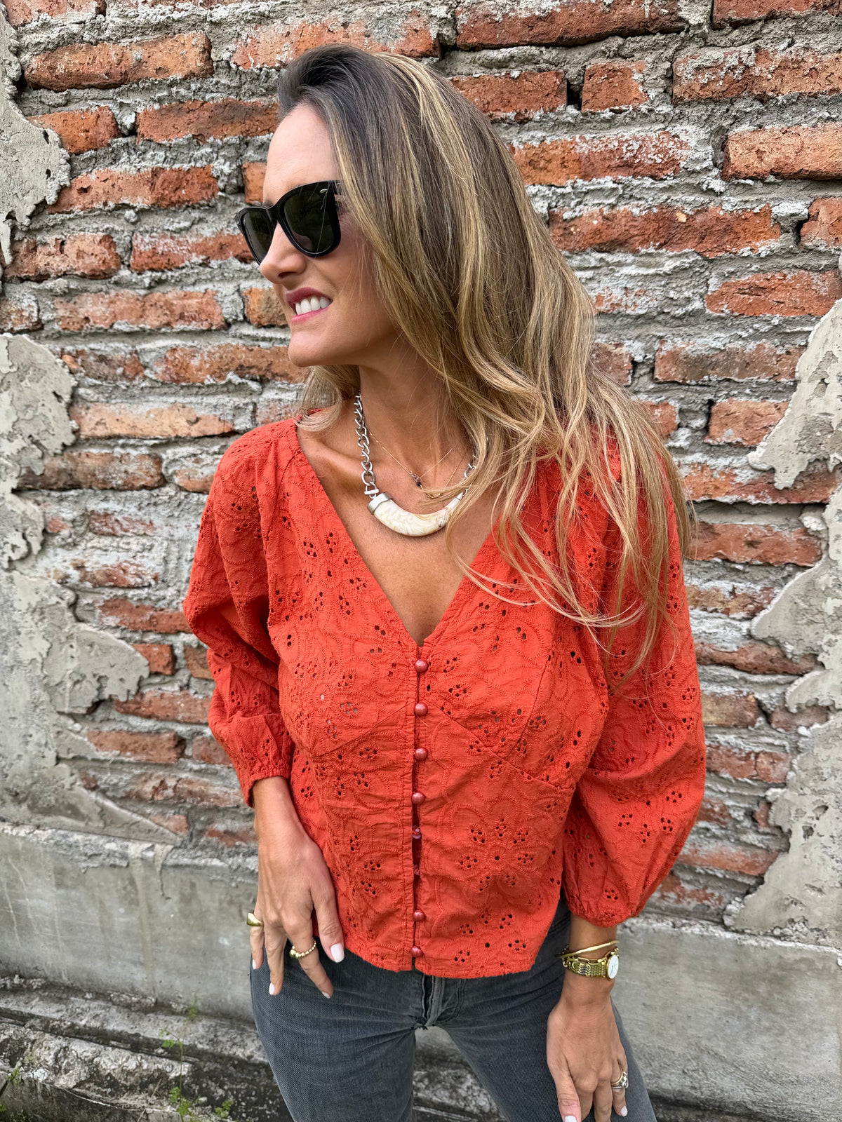 Blusa súper broderie terracota