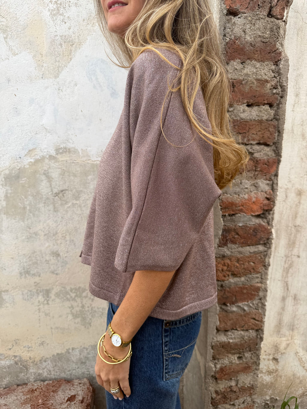 Polera/ Chaleco hilo brillos sutiles taupe