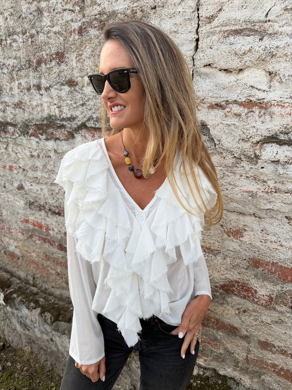 Blusa super vuelos rústica blanca