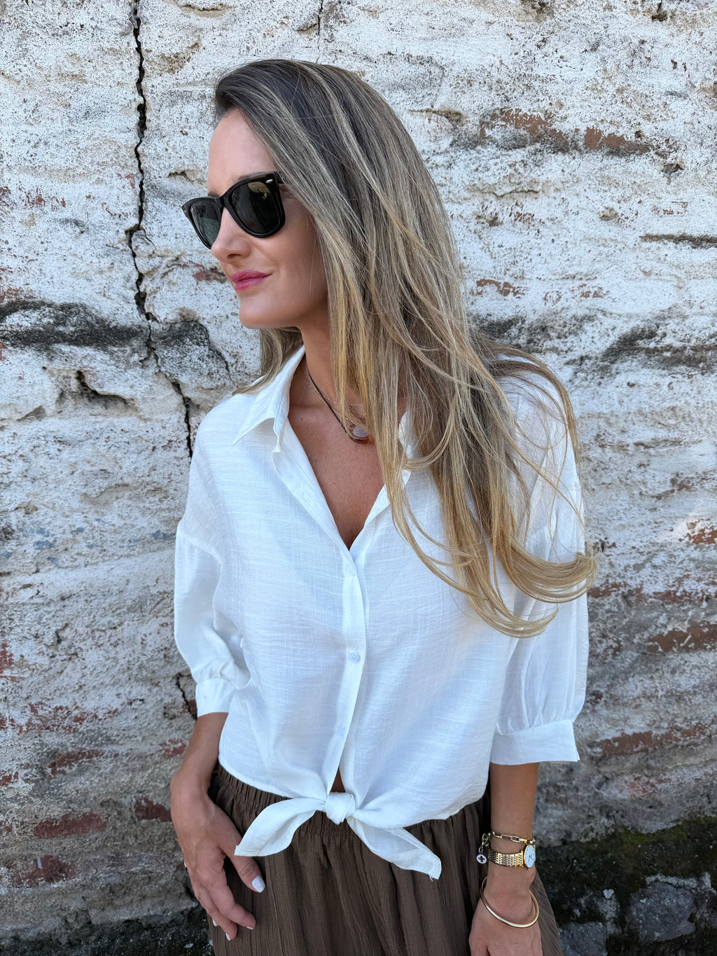 Blusa linoto manga globo amarra blanca