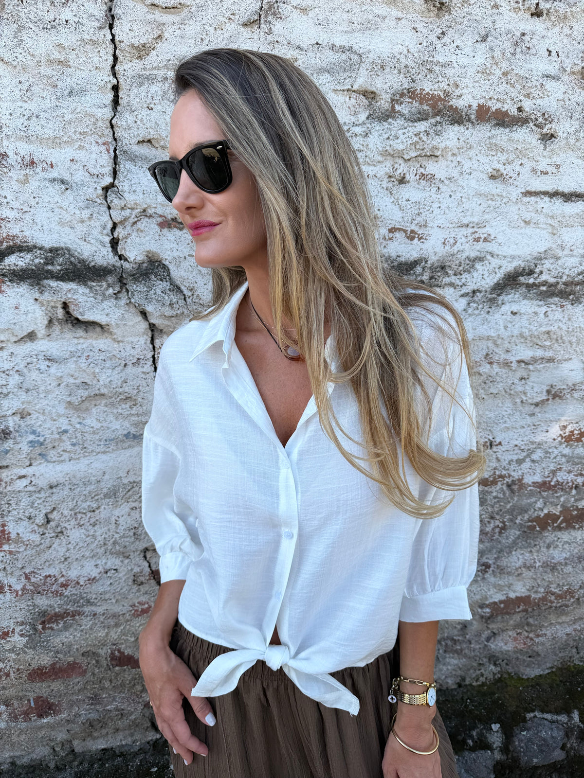 Blusa linoto manga globo amarra blanca
