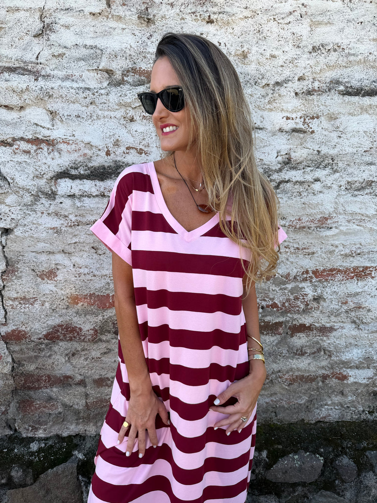 Vestido rayas burdeo
