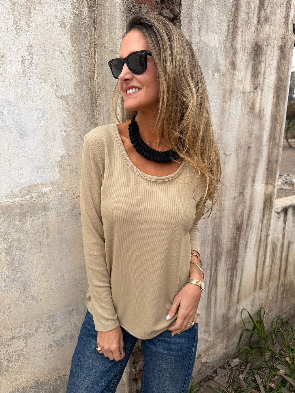 New polera algodón/ micropolar cuello bajo beige verdoso